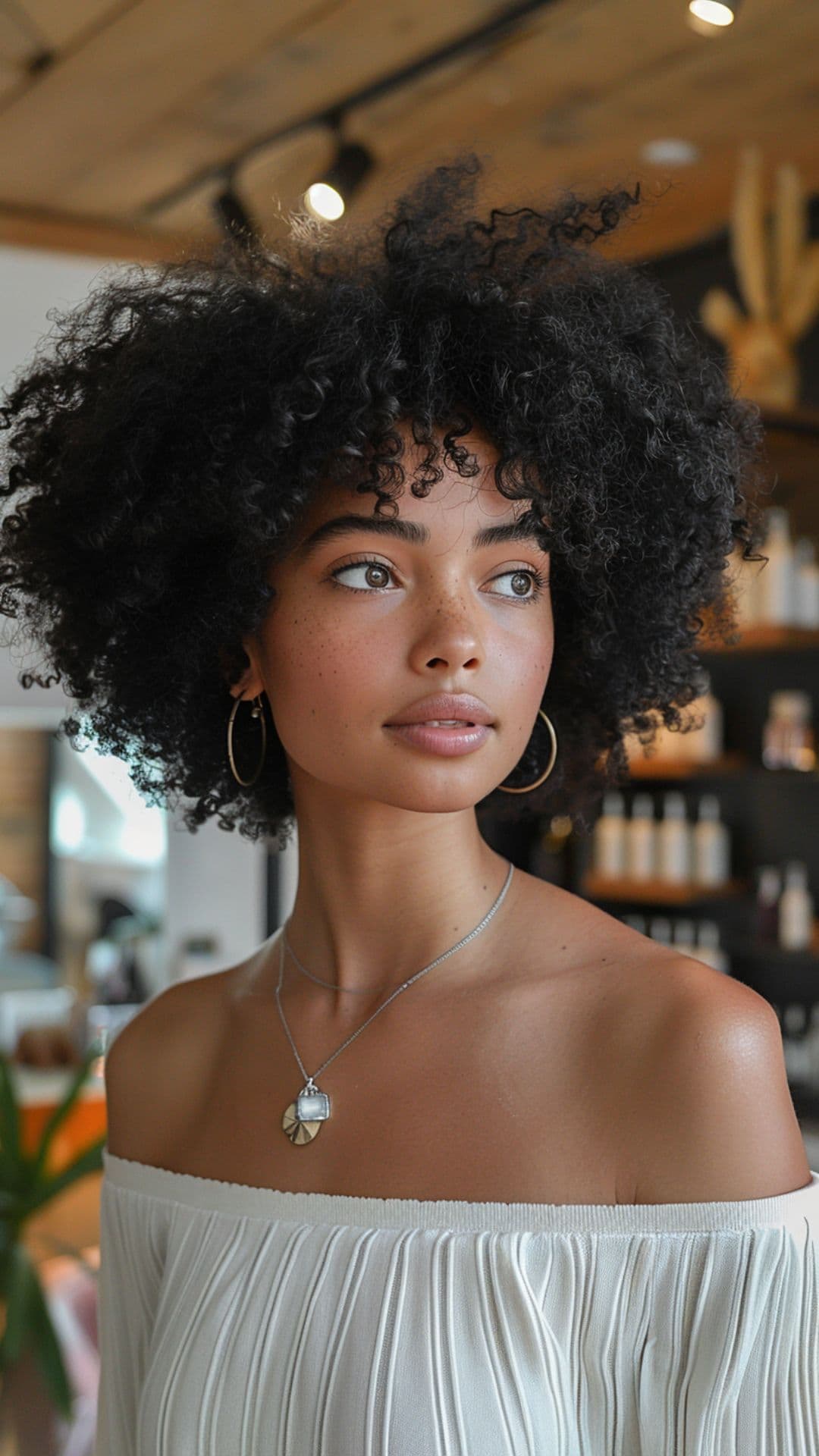 A black woman modelling a jet black afro hair.