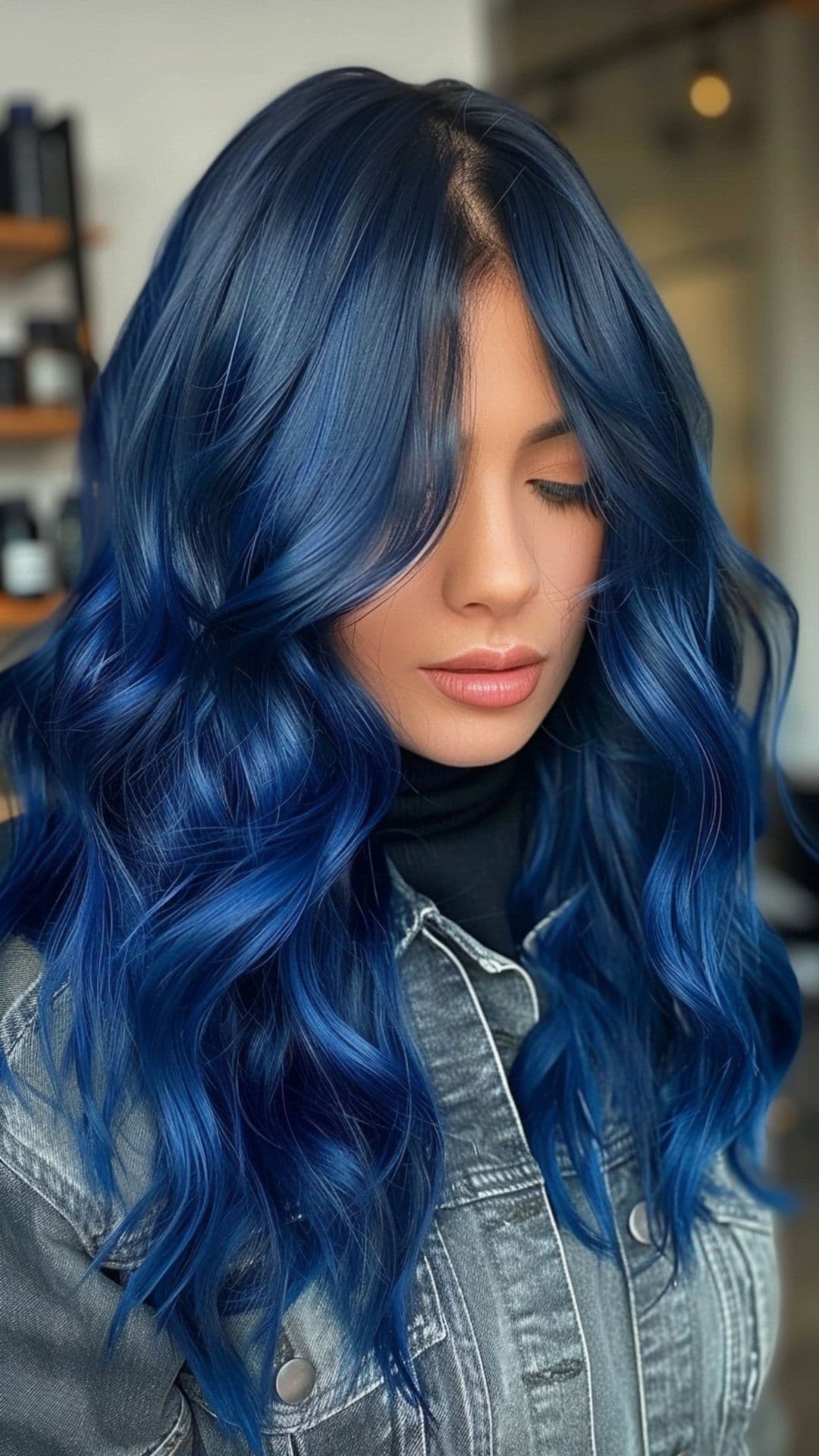 A woman modelling a midnight blue hair.