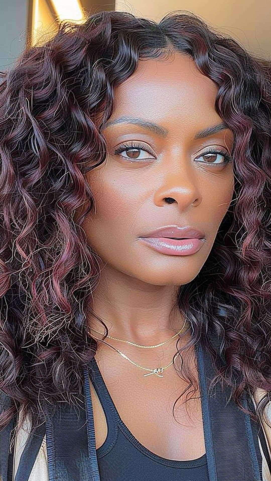 A black woman modelling a mahogany afro hair.