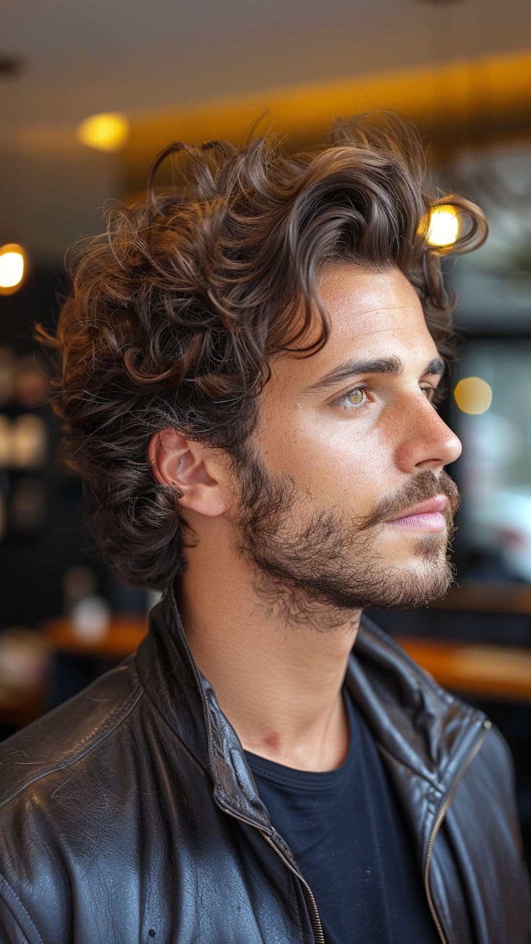 A man modelling a medium-length curly hair.