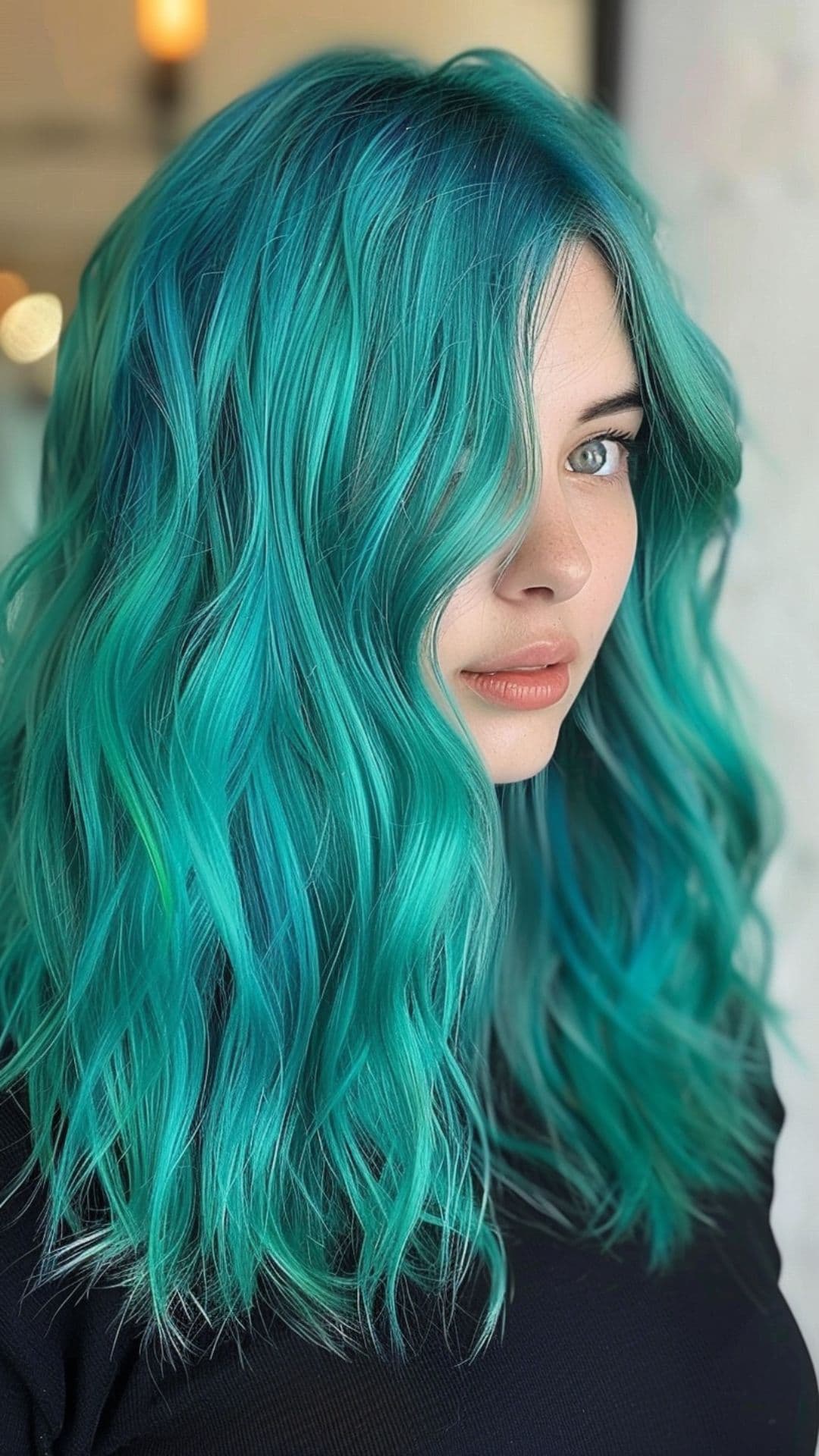 A woman modelling an aquamarine and green hair.