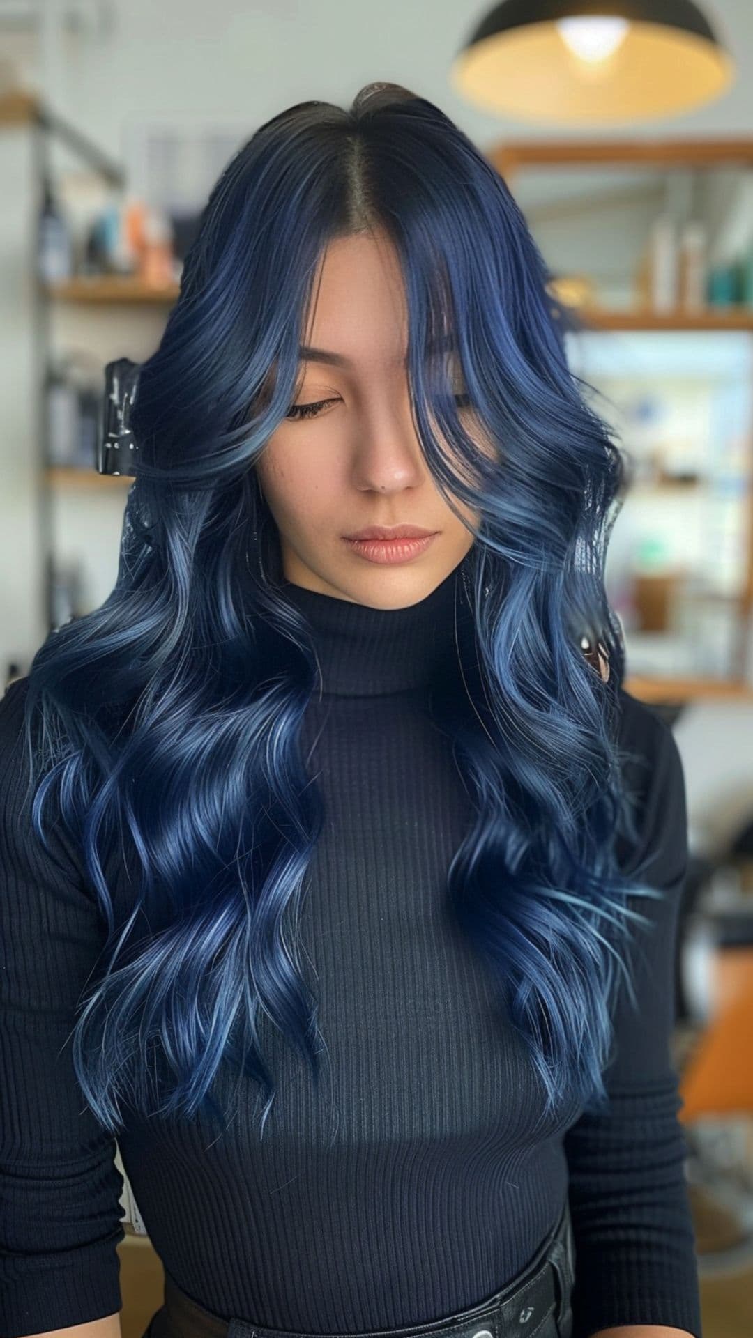 Uma mulher modelando um cabelo azul meia-noite.