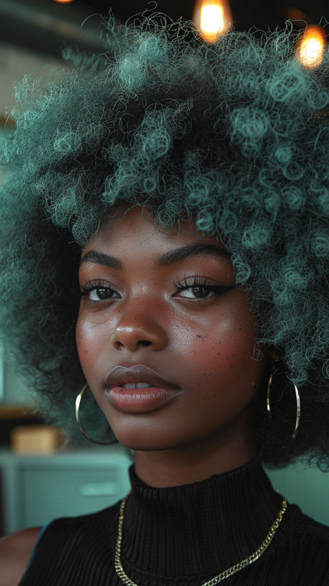 A black woman modelling a mint green afro hair.
