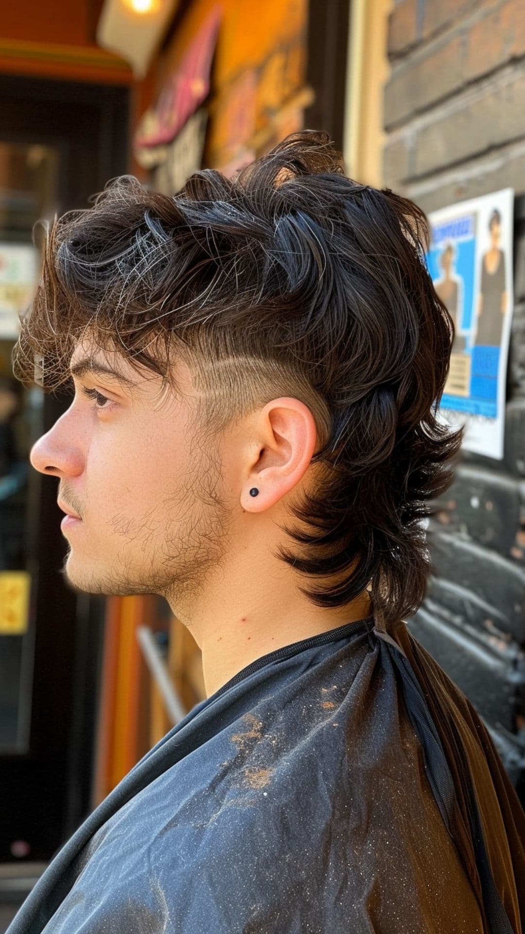 A man modelling a mullet fade hair.