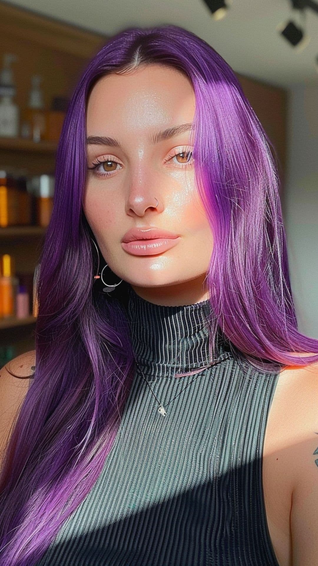A woman modelling a deep purple hair.