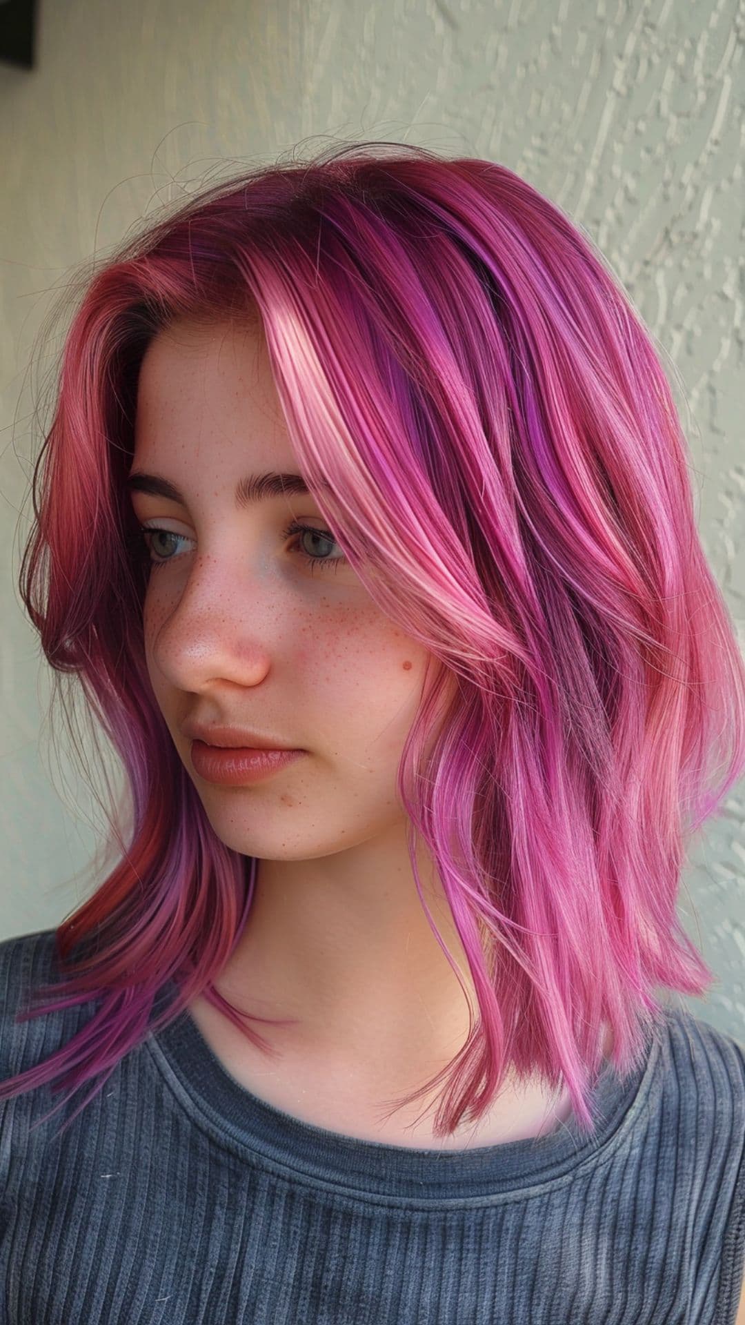 A woman modelling a pink and mauve hair.