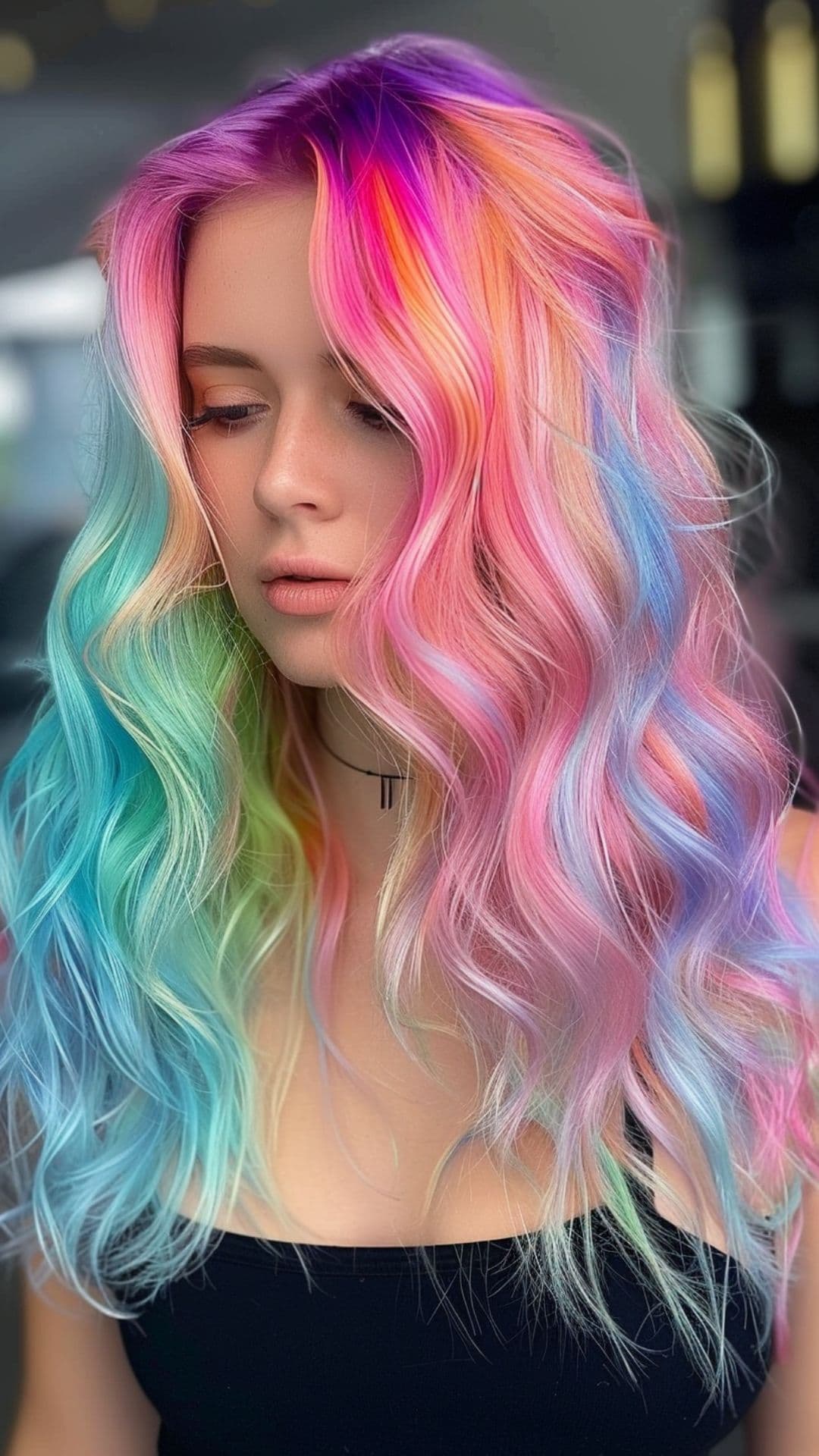 A woman modelling a pastel rainbow hair.