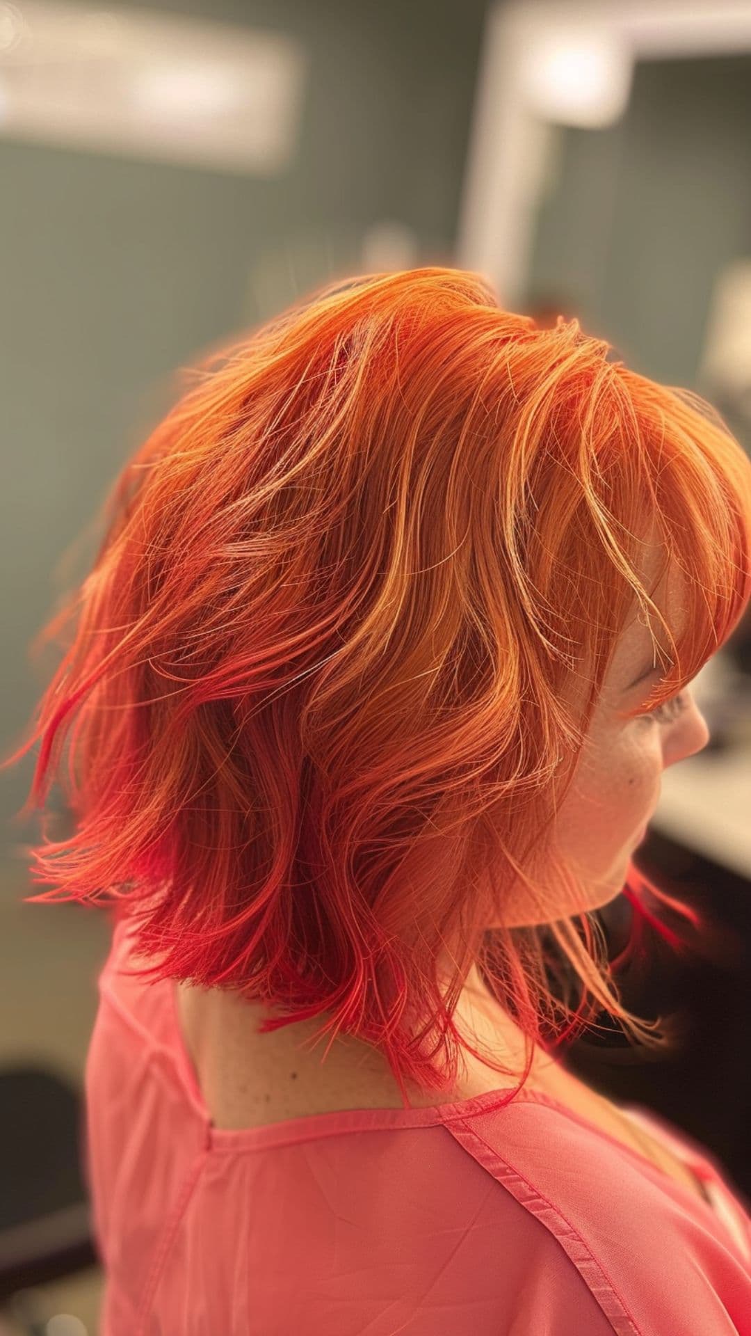 Uma mulher modelando um cabelo cor de pêssego com ombré vermelho.