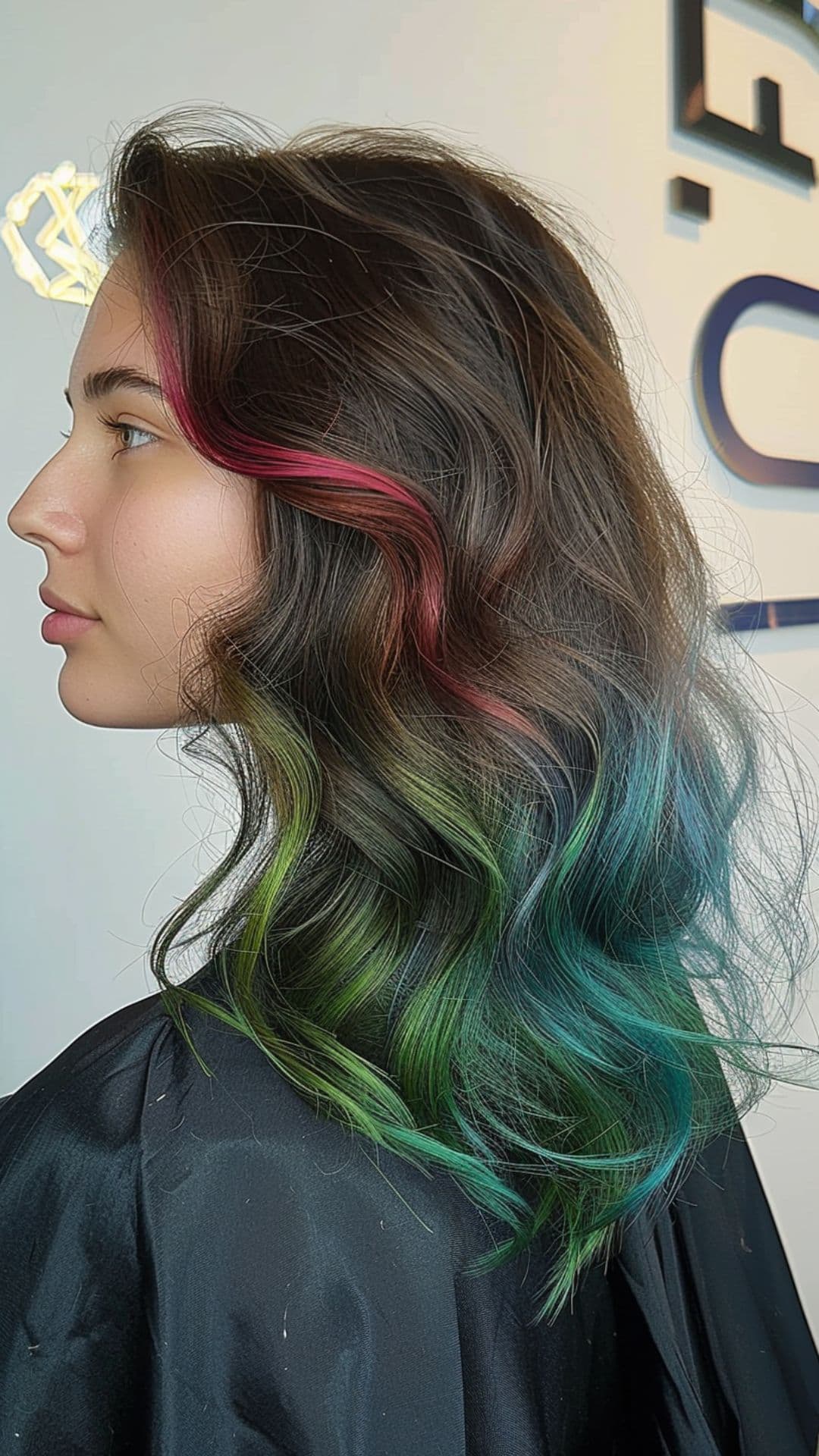 A woman modelling a peacock inspired hair color.