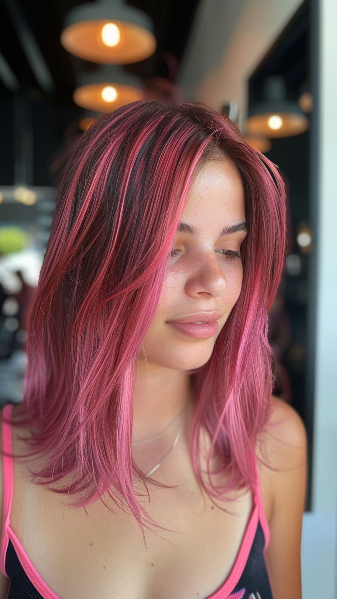 Uma mulher modelando um cabelo rosa com mechas grossas.