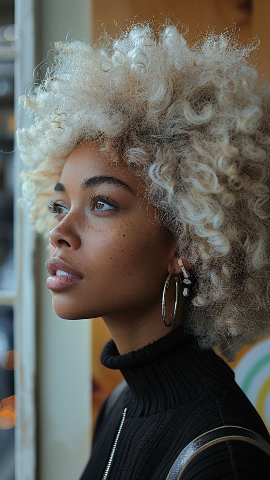 A black woman modelling a platinum blonde afro hair.