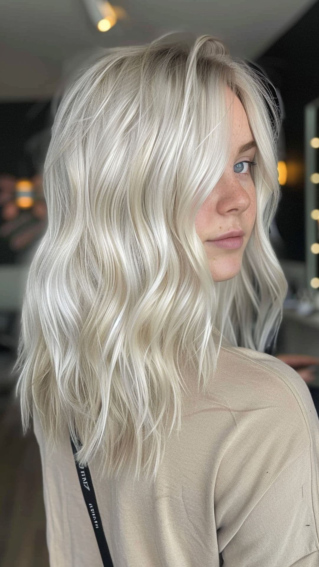 A woman modelling a platinum blonde hair.