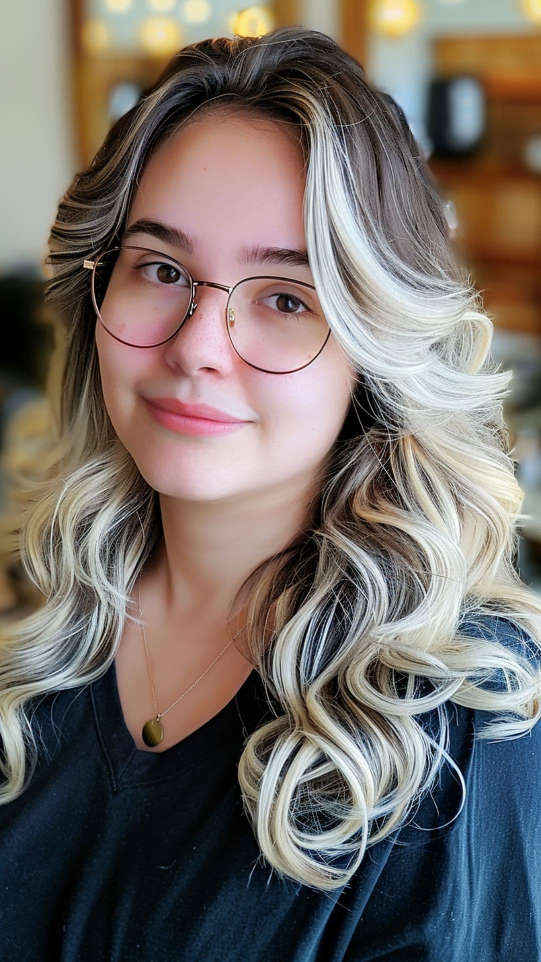 Uma mulher modelando um cabelo platinado com mechas grossas.