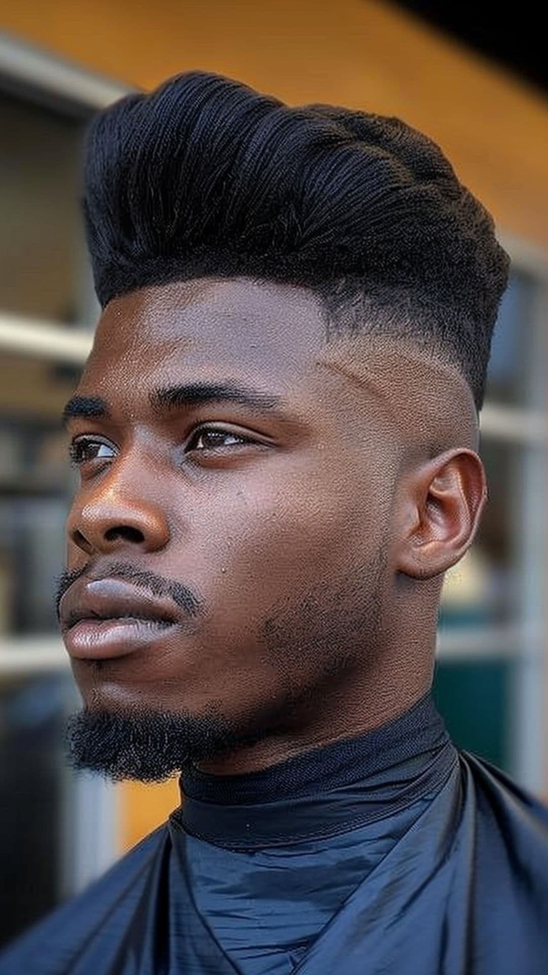 A black man modelling a pompadour fade haircut.