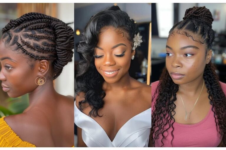 Collage photo of three black women modelling prom hairstyles.