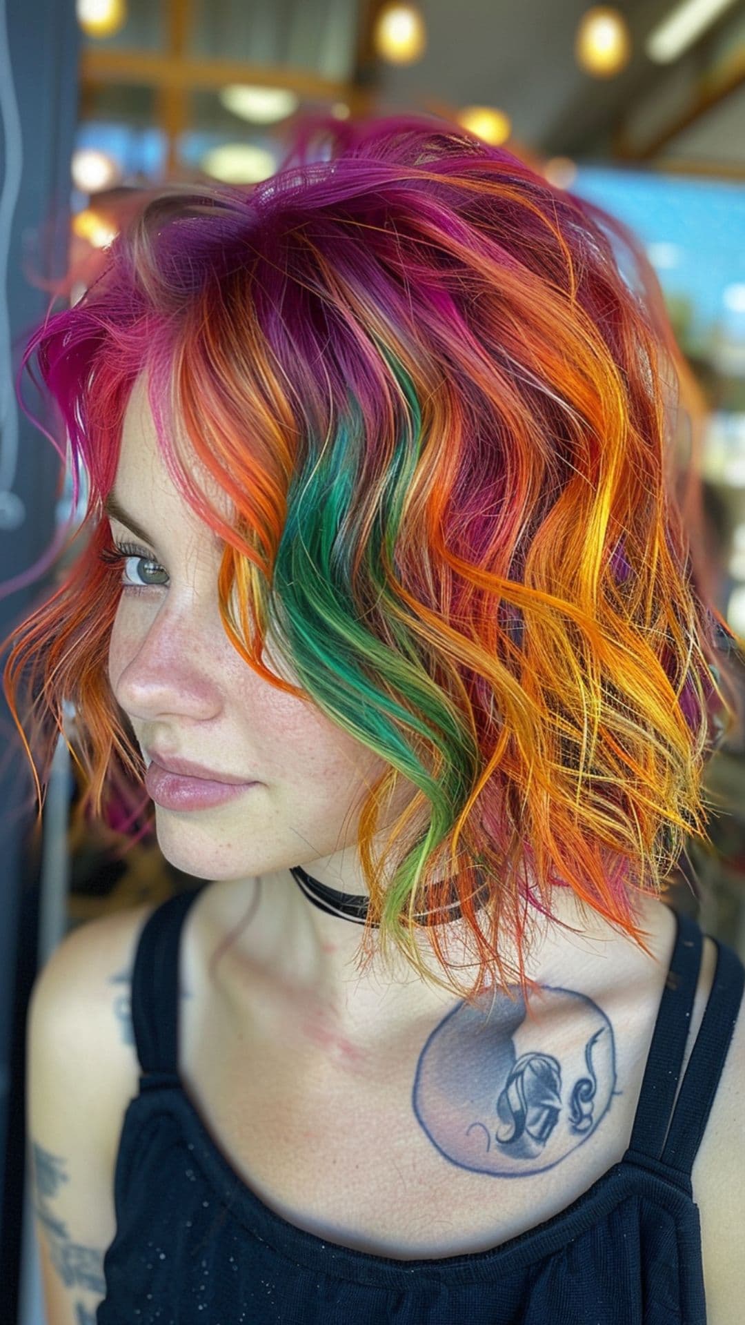 Uma mulher modelando um cabelo com mechas grossas e coloridas.