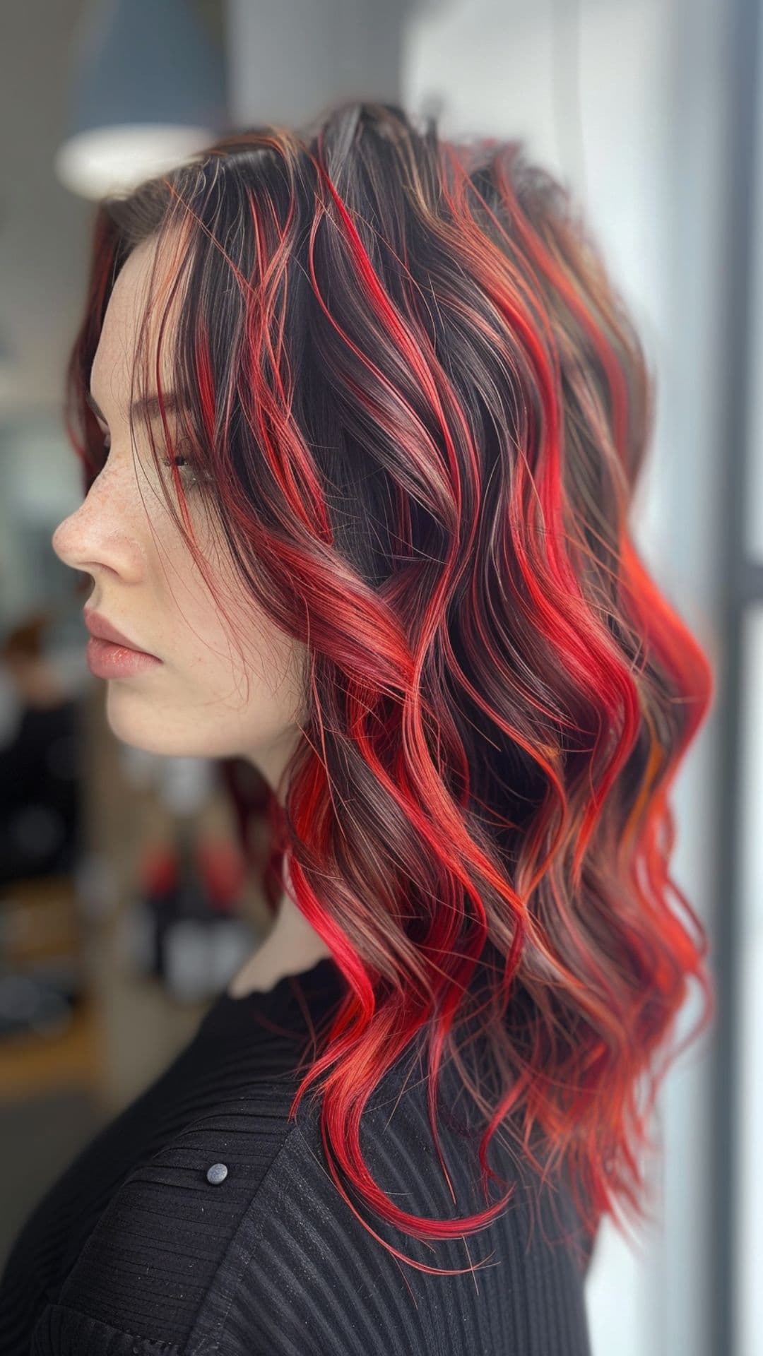 Uma mulher modelando um cabelo ruivo com mechas grossas.