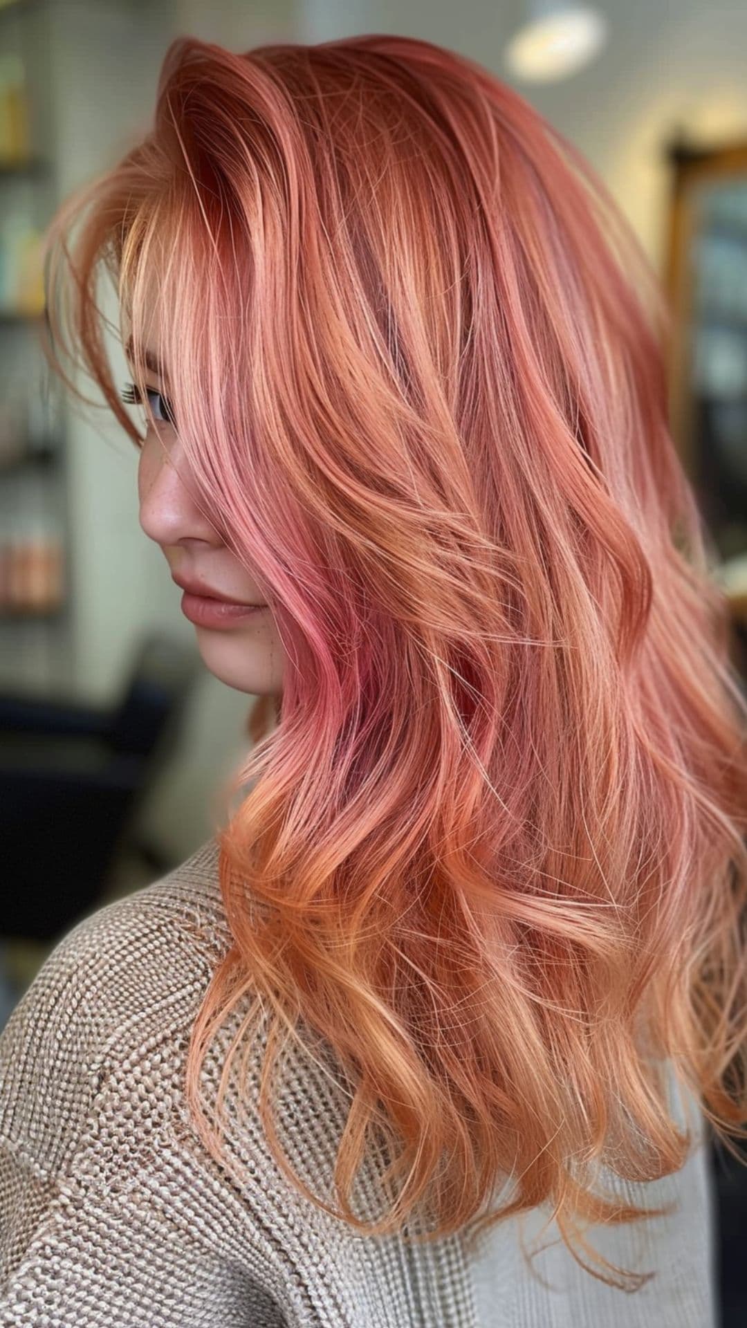 Uma mulher modelando um cabelo rosa dourado.