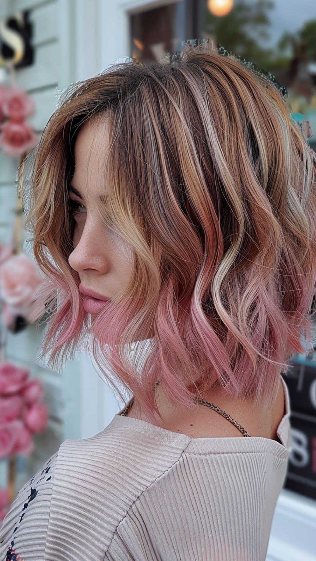 Uma mulher modelando um cabelo ombré dourado rosa.