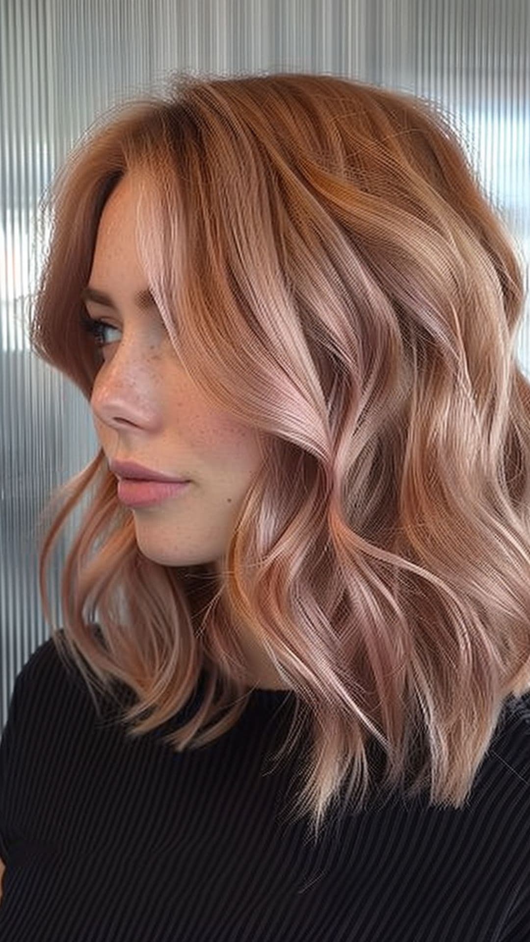 A woman modelling a rose gold hair.