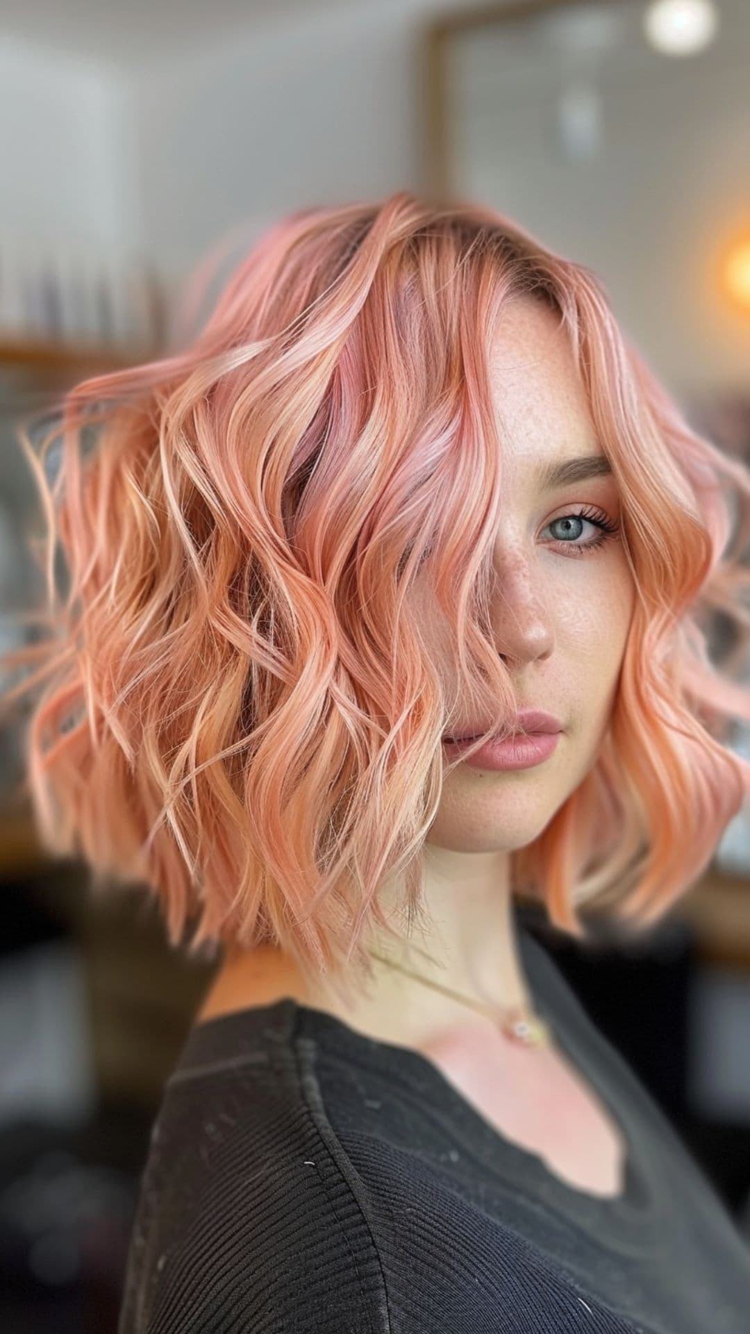 A woman modelling a pink and peach hair.