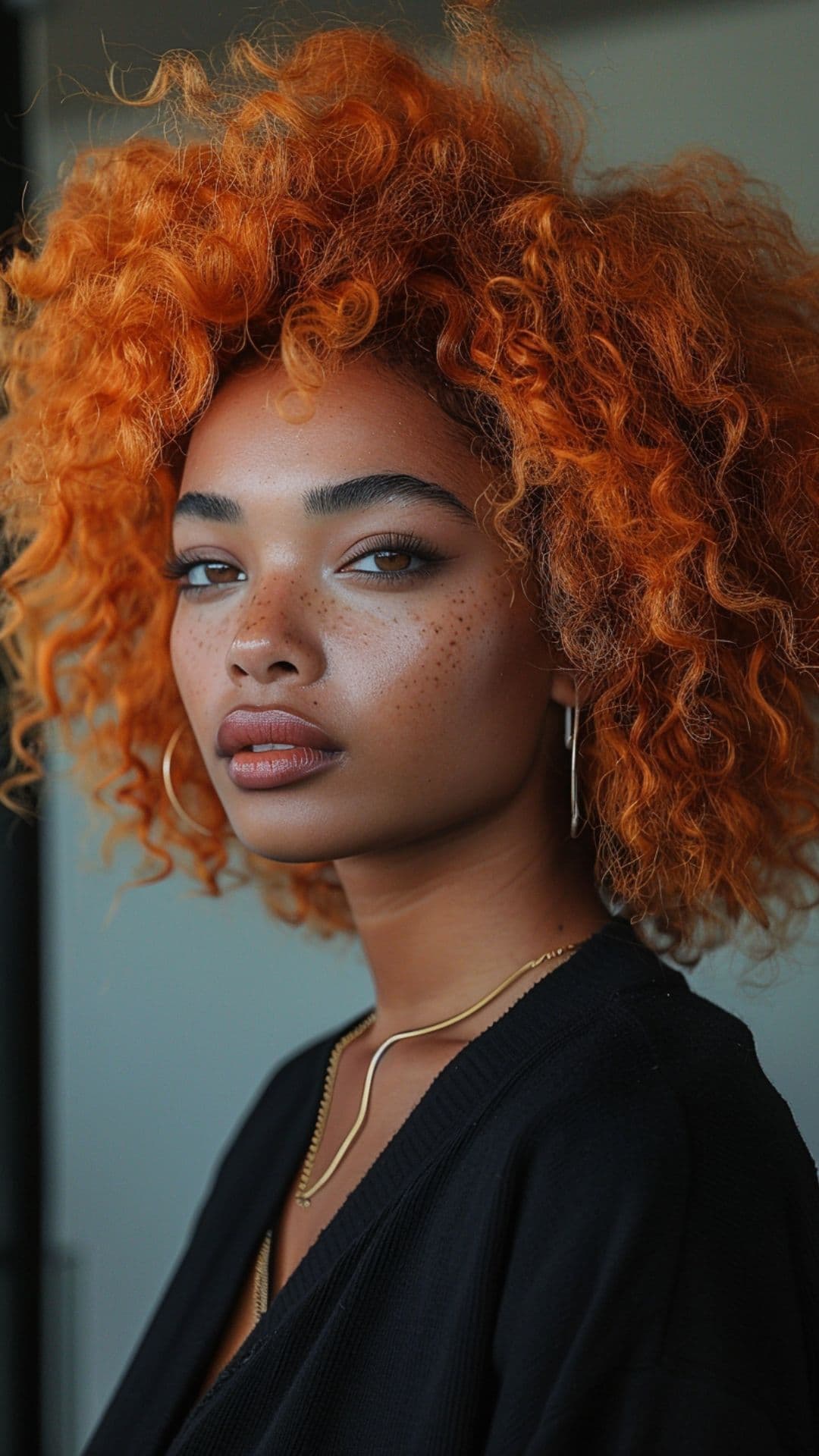 A black woman modelling a rust orange afro hair.