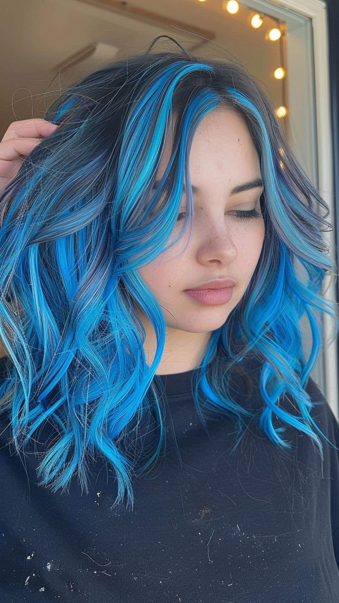 Uma mulher modelando um cabelo com mechas grossas azul safira.