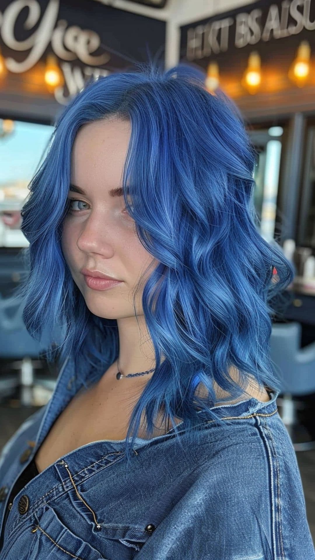 A woman modelling a deep, ocean blue hair.
