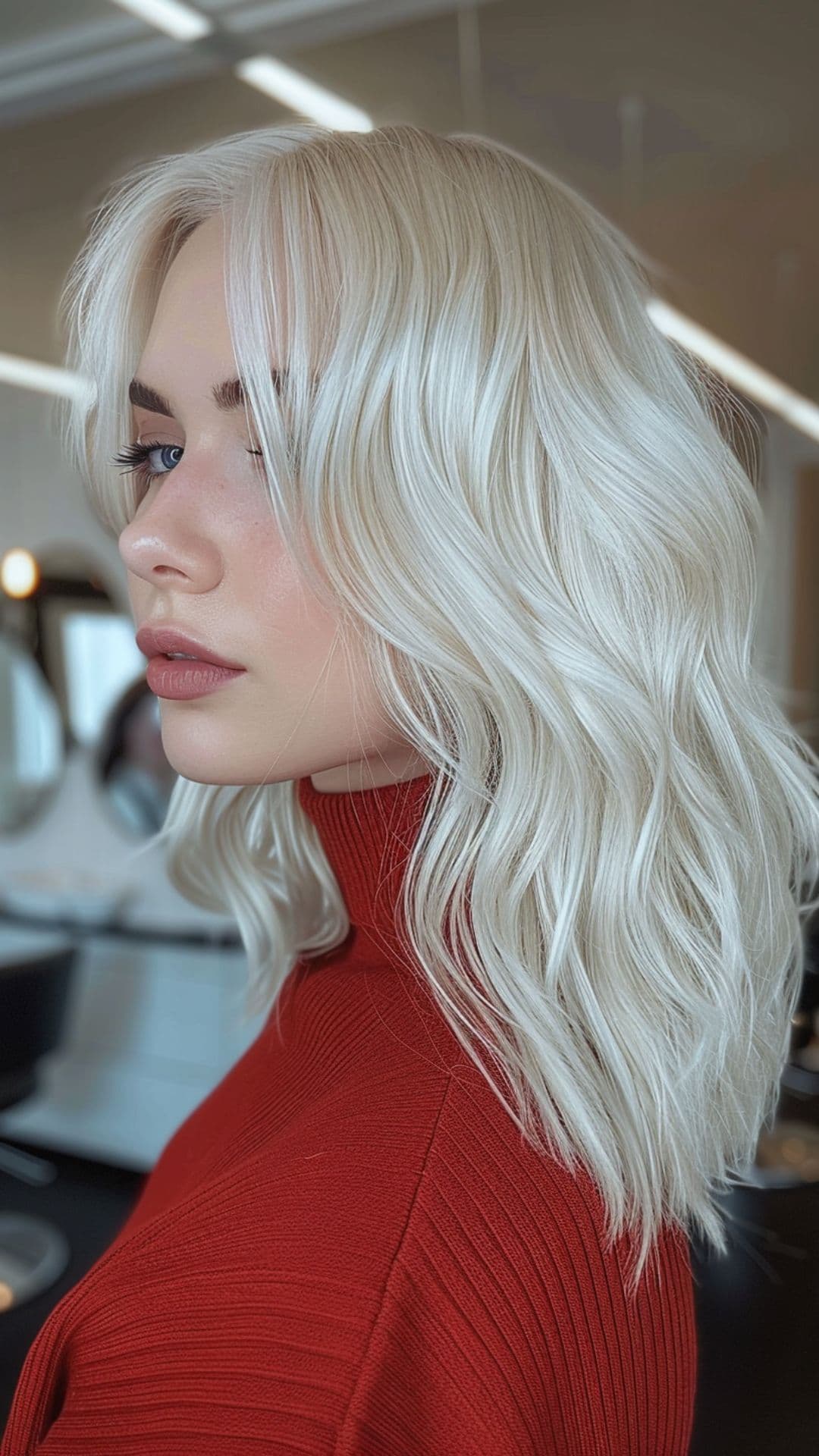 Uma mulher modelando um cabelo branco como a neve.