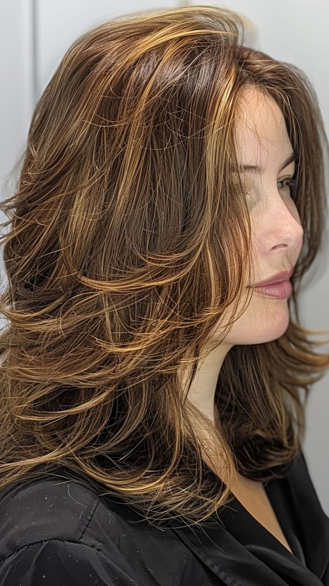 A woman modelling a soft caramel highlights hair.
