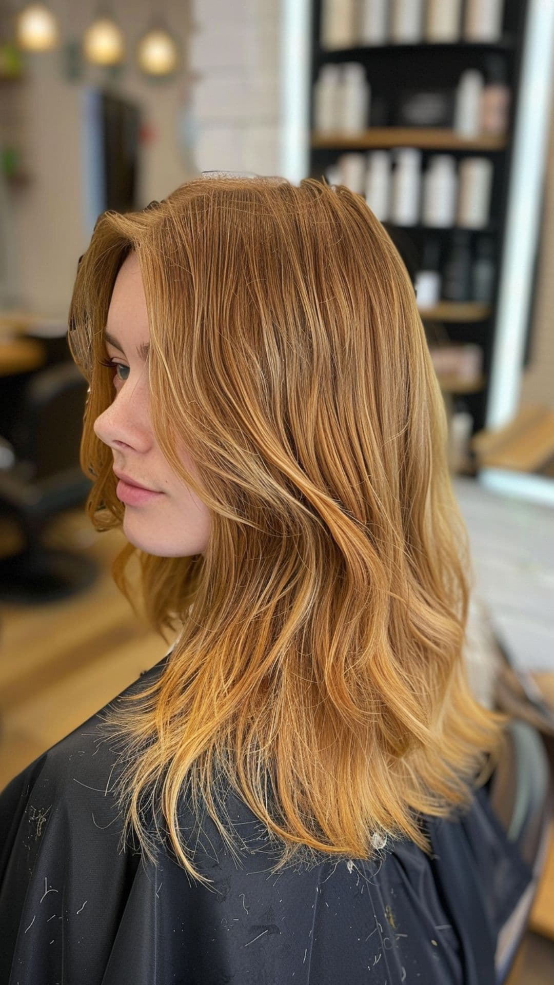 Uma mulher modelando um cabelo castanho-avermelhado suave e arenoso.