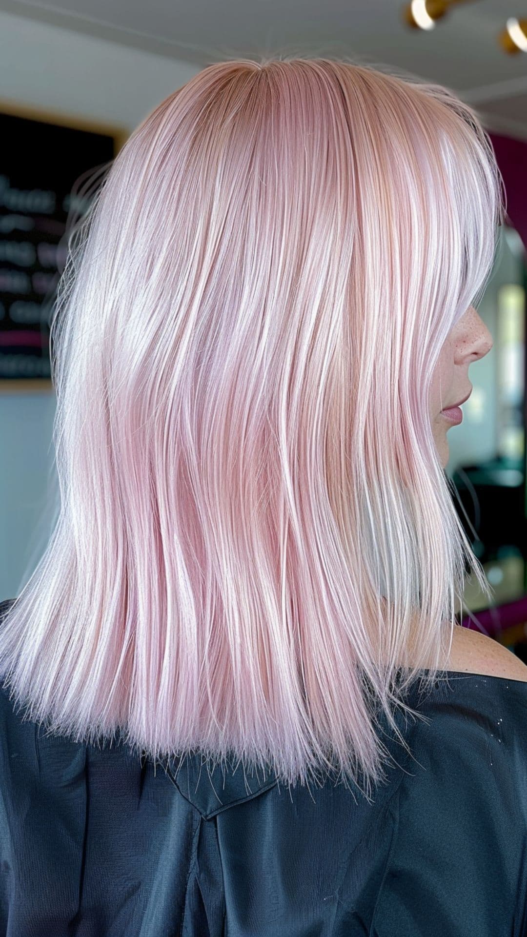 A woman modelling a soft pastel pink hair.