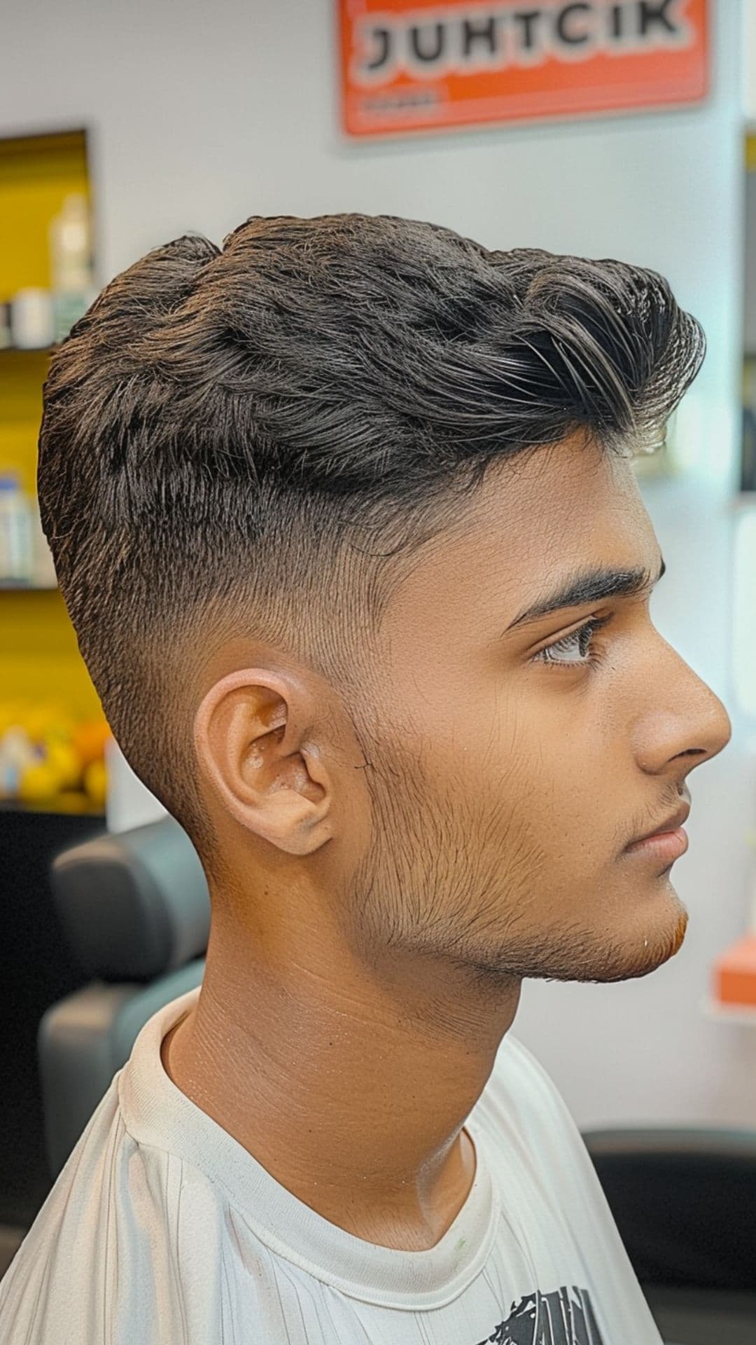 A man modelling a short fade haircut.