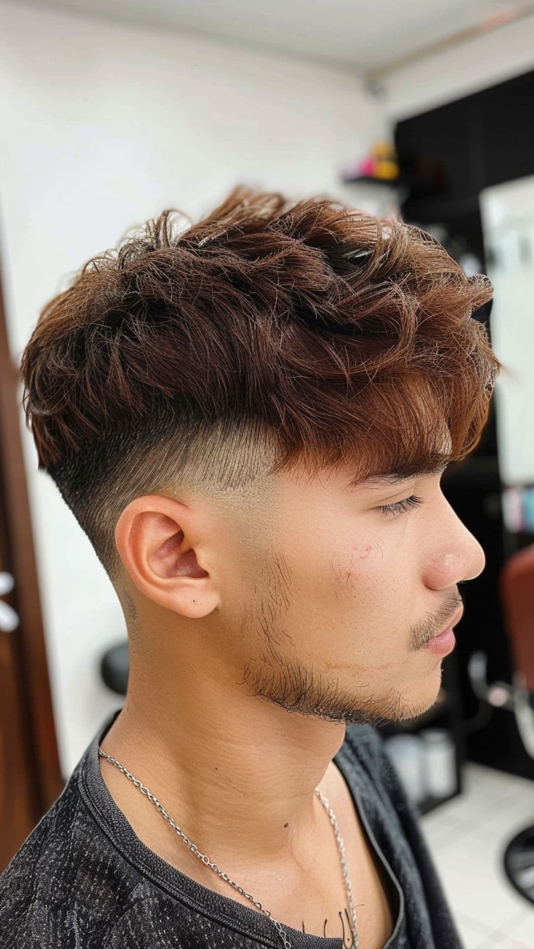 A man modelling a taper fade with textured top.