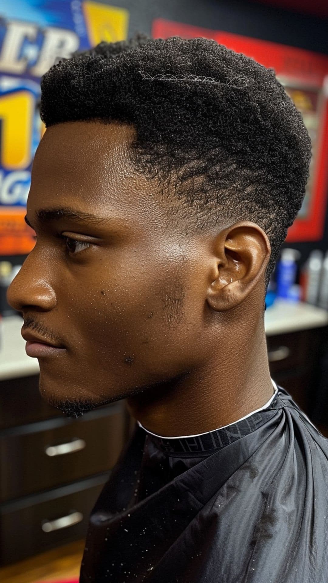 A black man modelling a temple fade haircut.