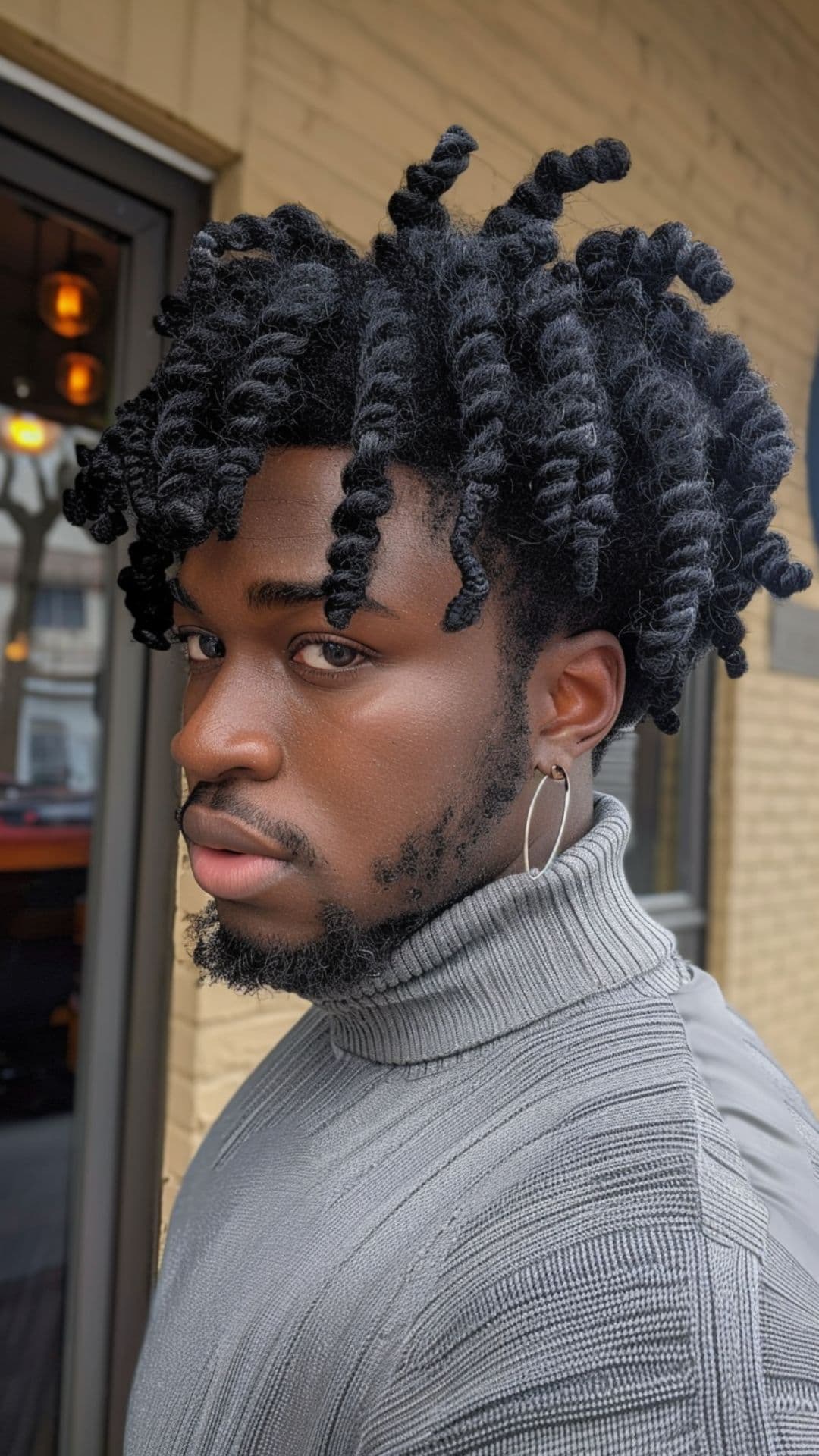 A black man modelling a twist out hairstyle.