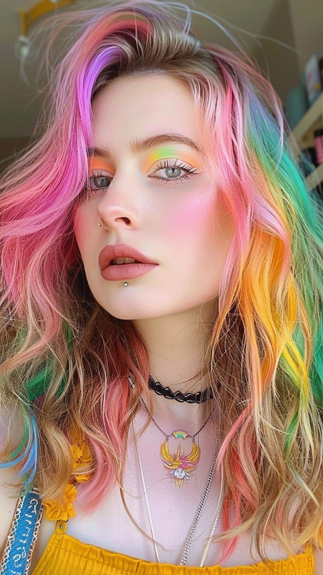 A woman modelling a unicorn rainbow hair.