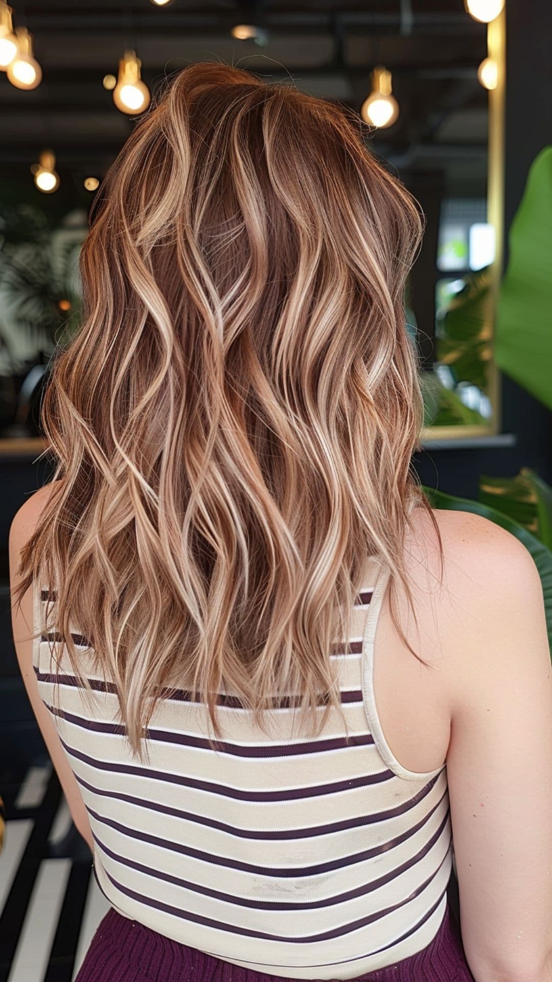 Uma mulher modelando um cabelo com mechas grossas em tons de baunilha e chocolate.