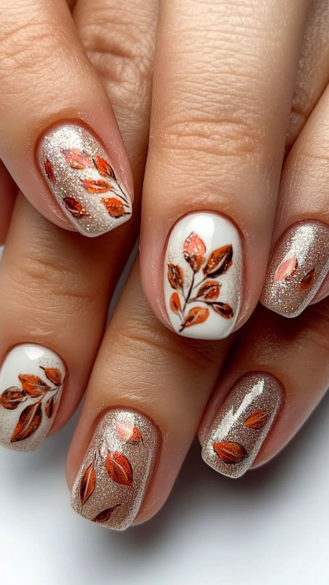 Woman's nails modelling Autumn Leaves with Glitter Accents design.