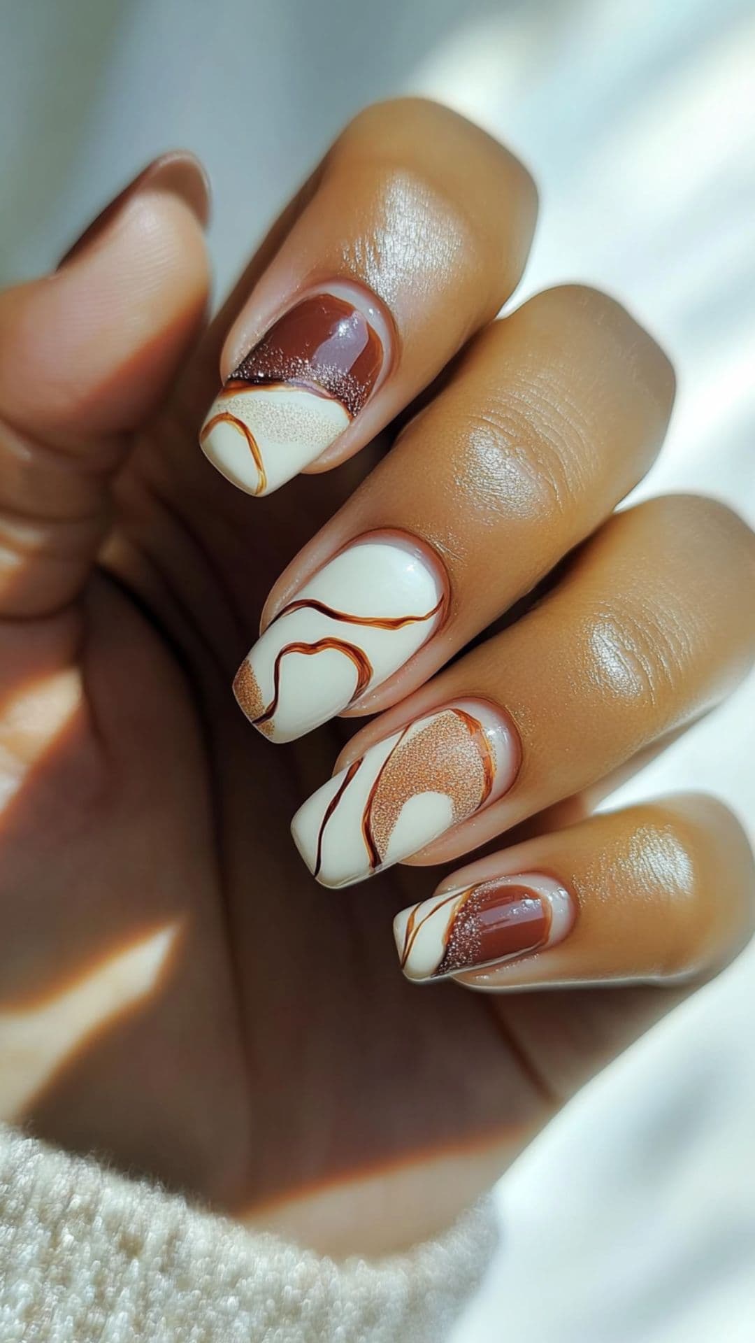 Woman's nails in Brown Shades with Abstract Lines.