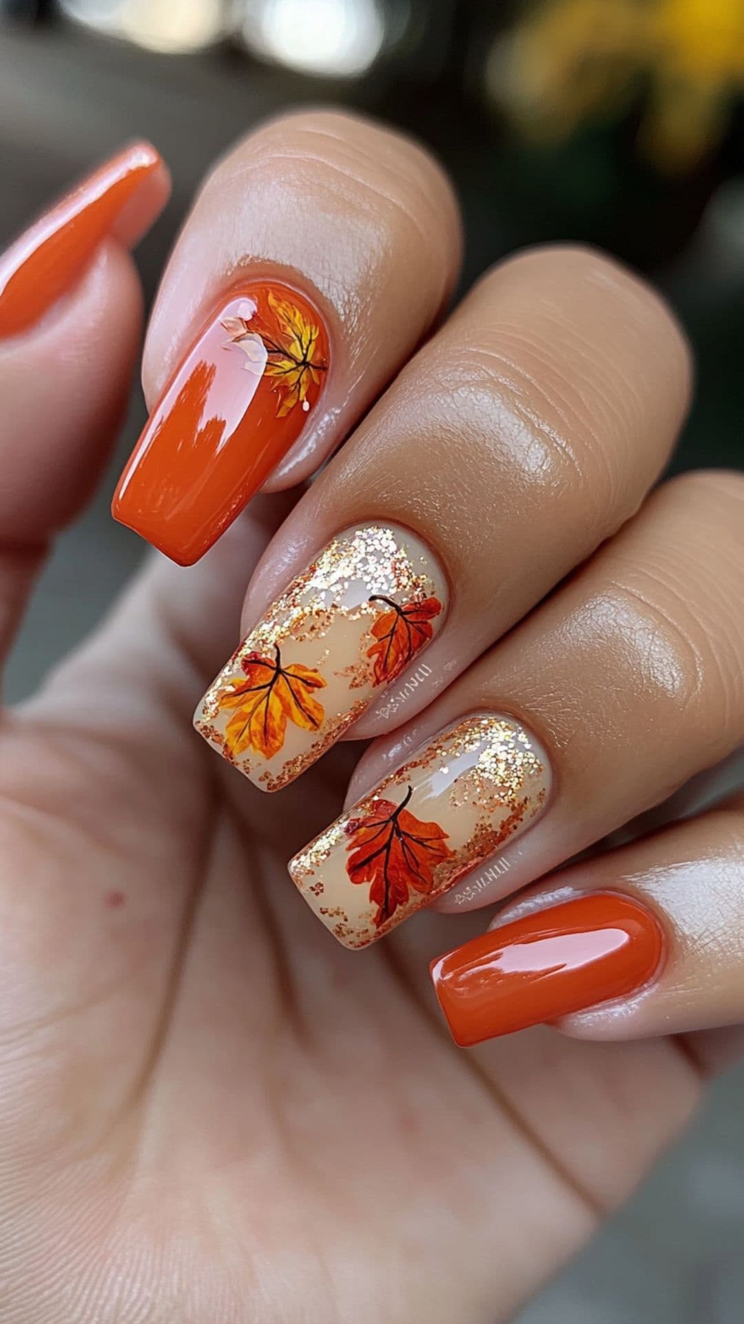 Woman's nails modelling Burnt Orange with Leaf Accents design.