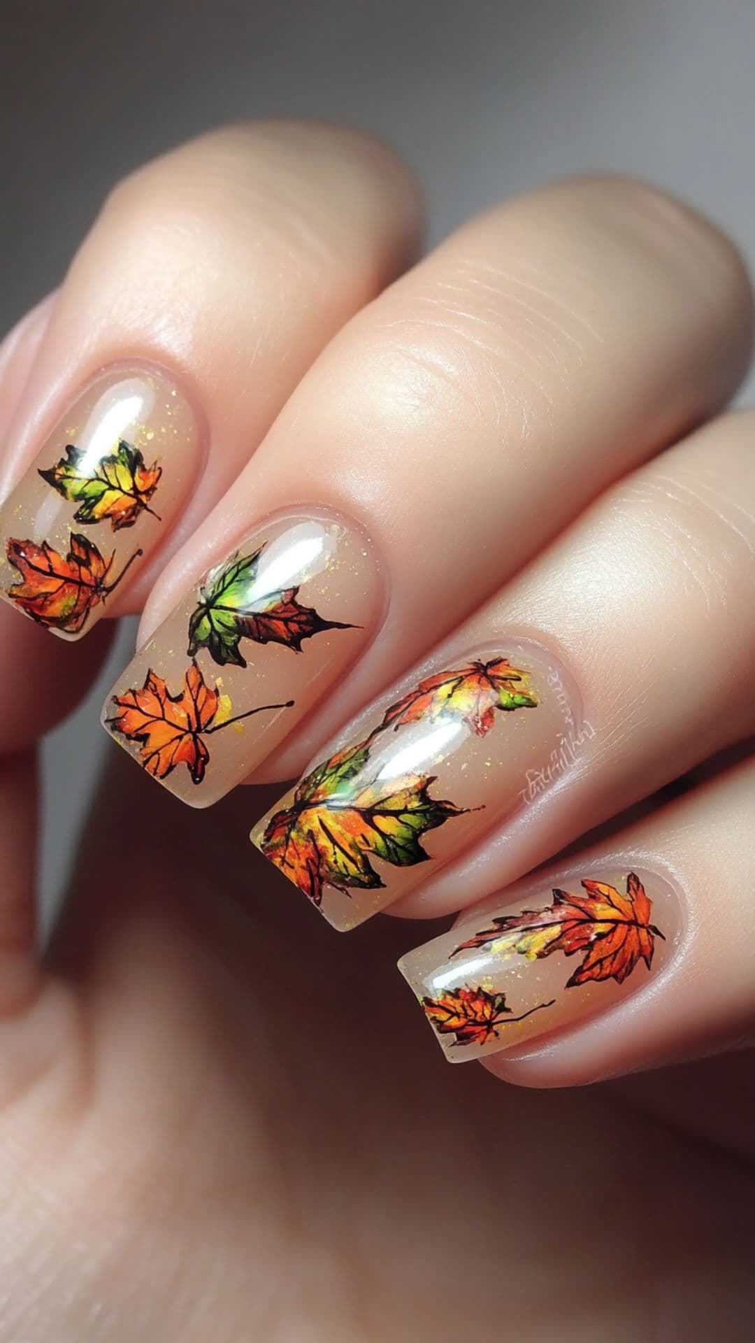 Woman's nails modelling Clear Nails with Painted Fall Leaves design.