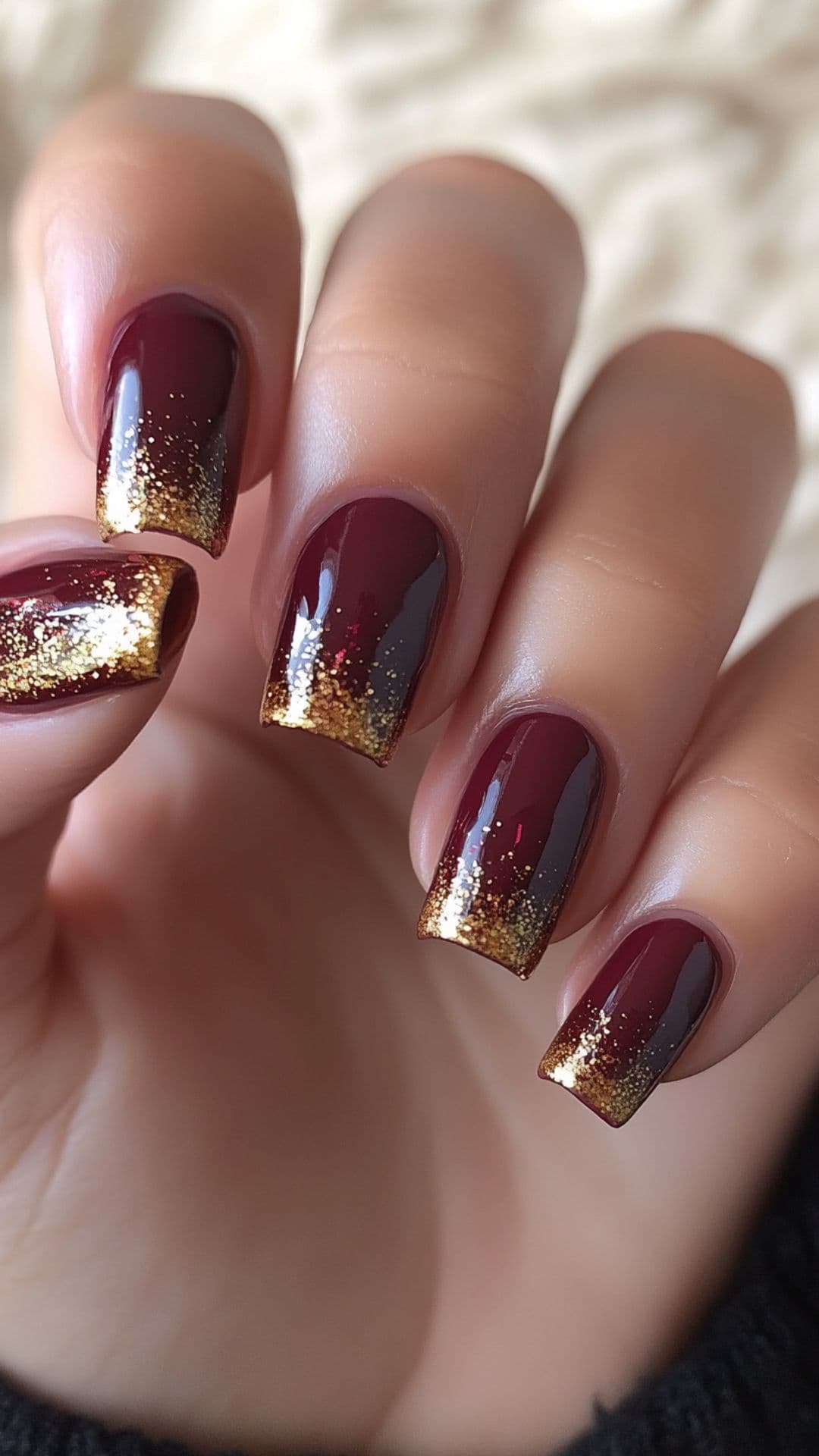 Woman's nails in Deep Burgundy with Gold Foil Tips,