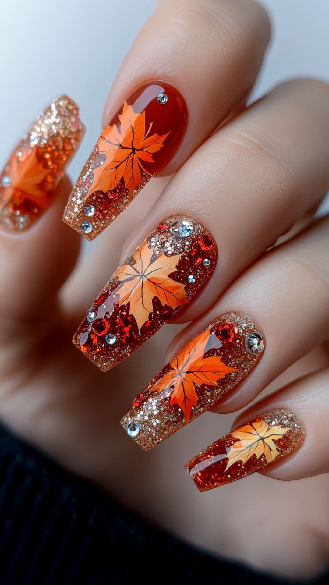 Woman's nails modelling Fall Leaves with Rhinestones design.