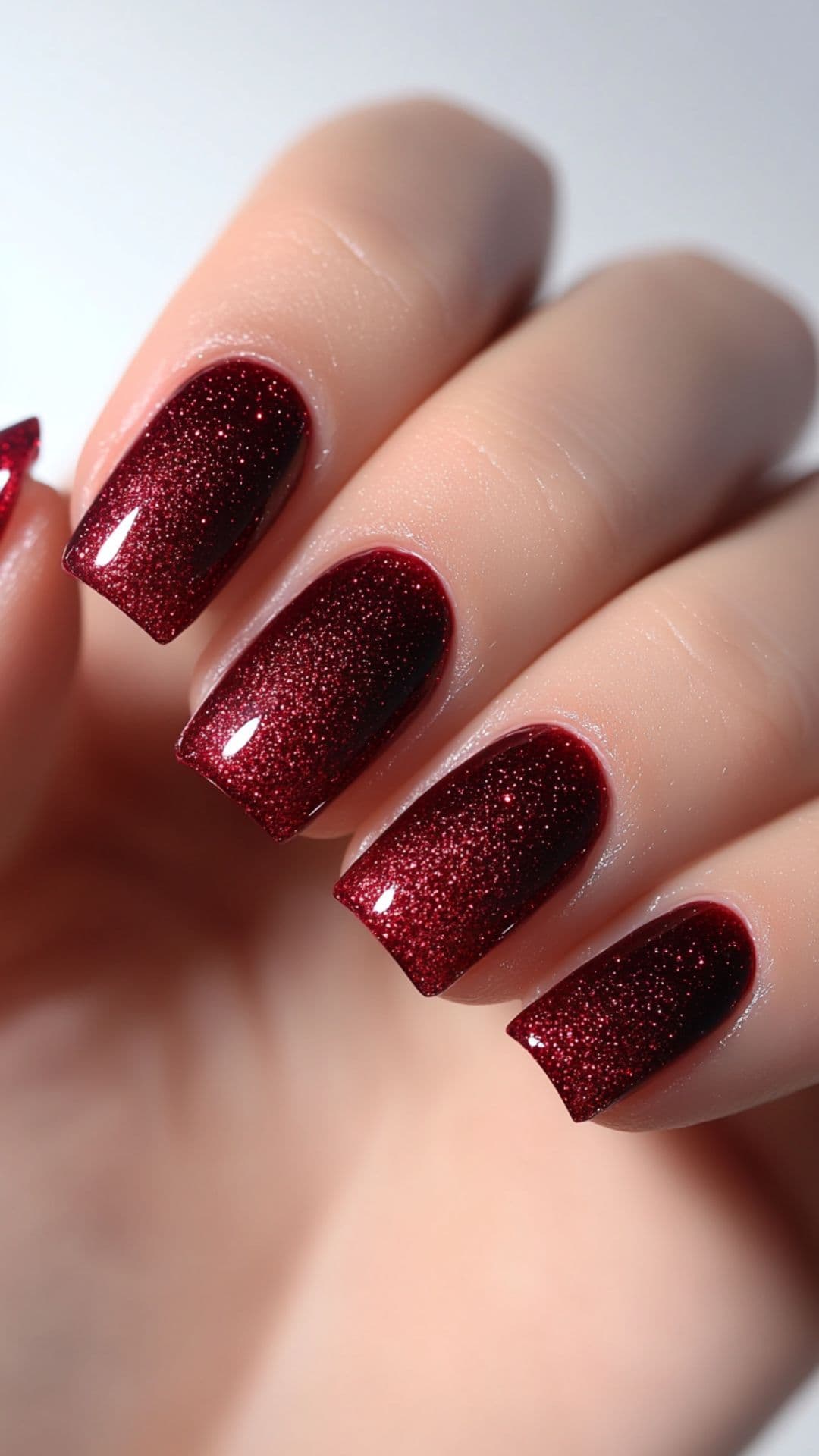 Woman's nails in Glitter Gel Deep Wine Red,