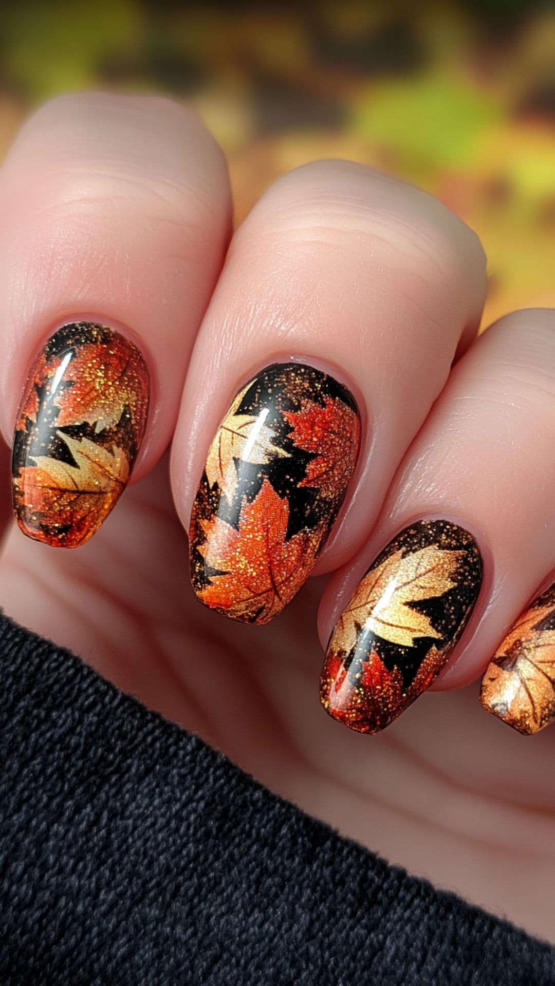 Woman's nails modelling Glittery fall Leaves design.