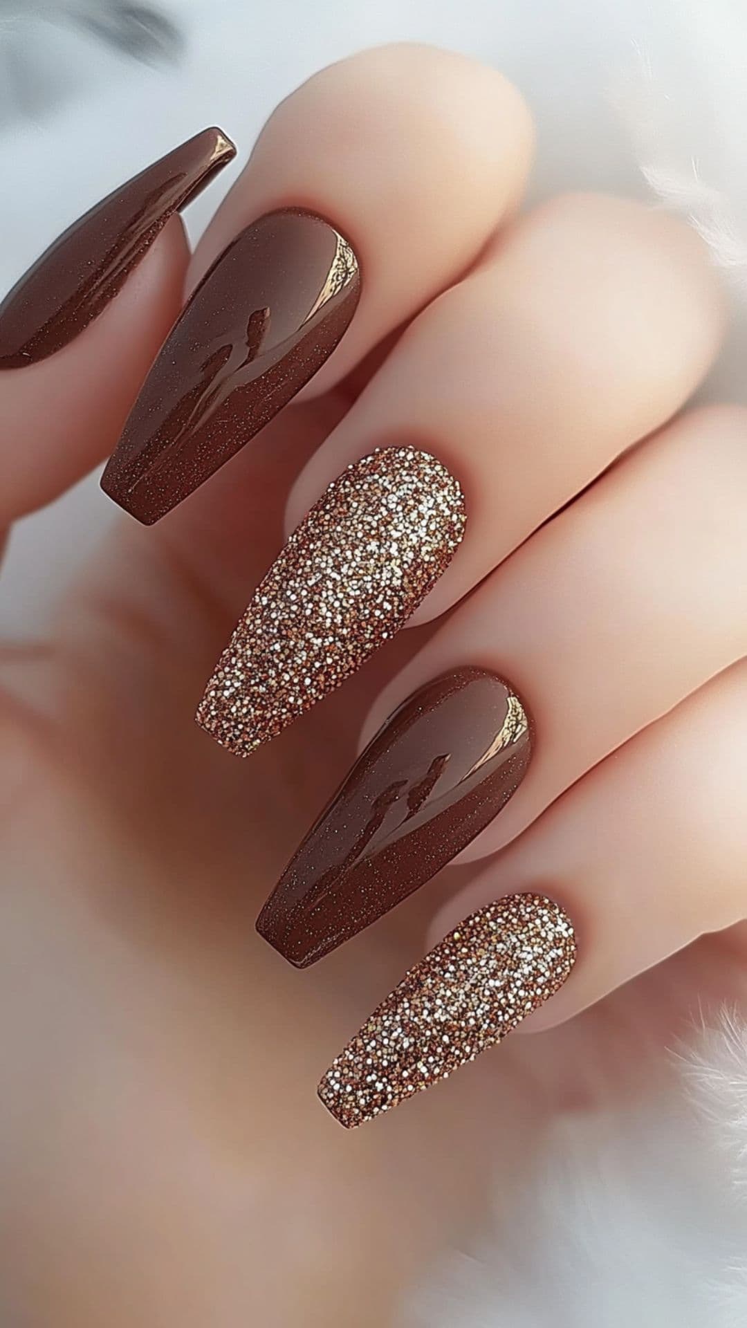 Woman's nails in Glossy Dark Brown with Glitter Accent Nail