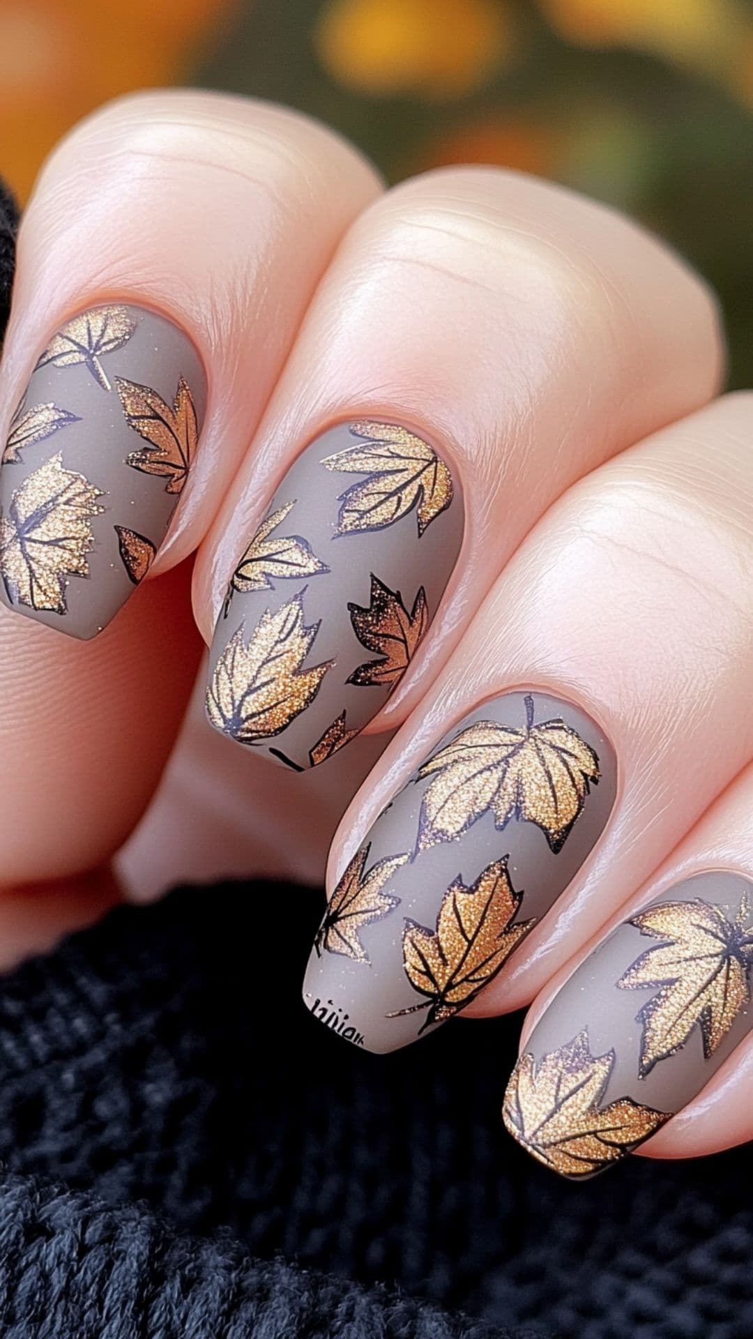 Woman's nails modelling Leaf Stencils on pale Base