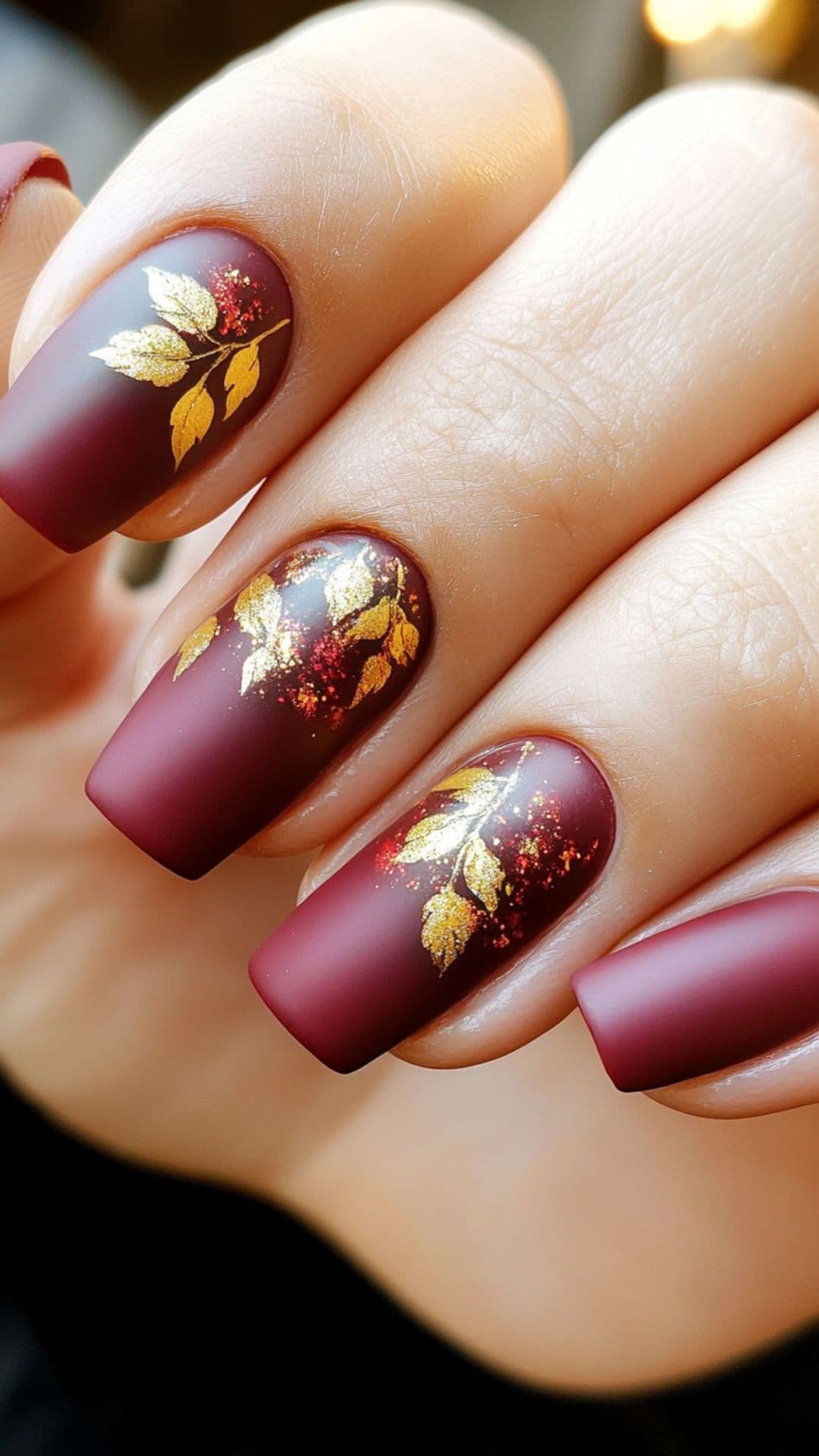 Woman's nails modelling Matte Burgundy with Gold Leaves design.