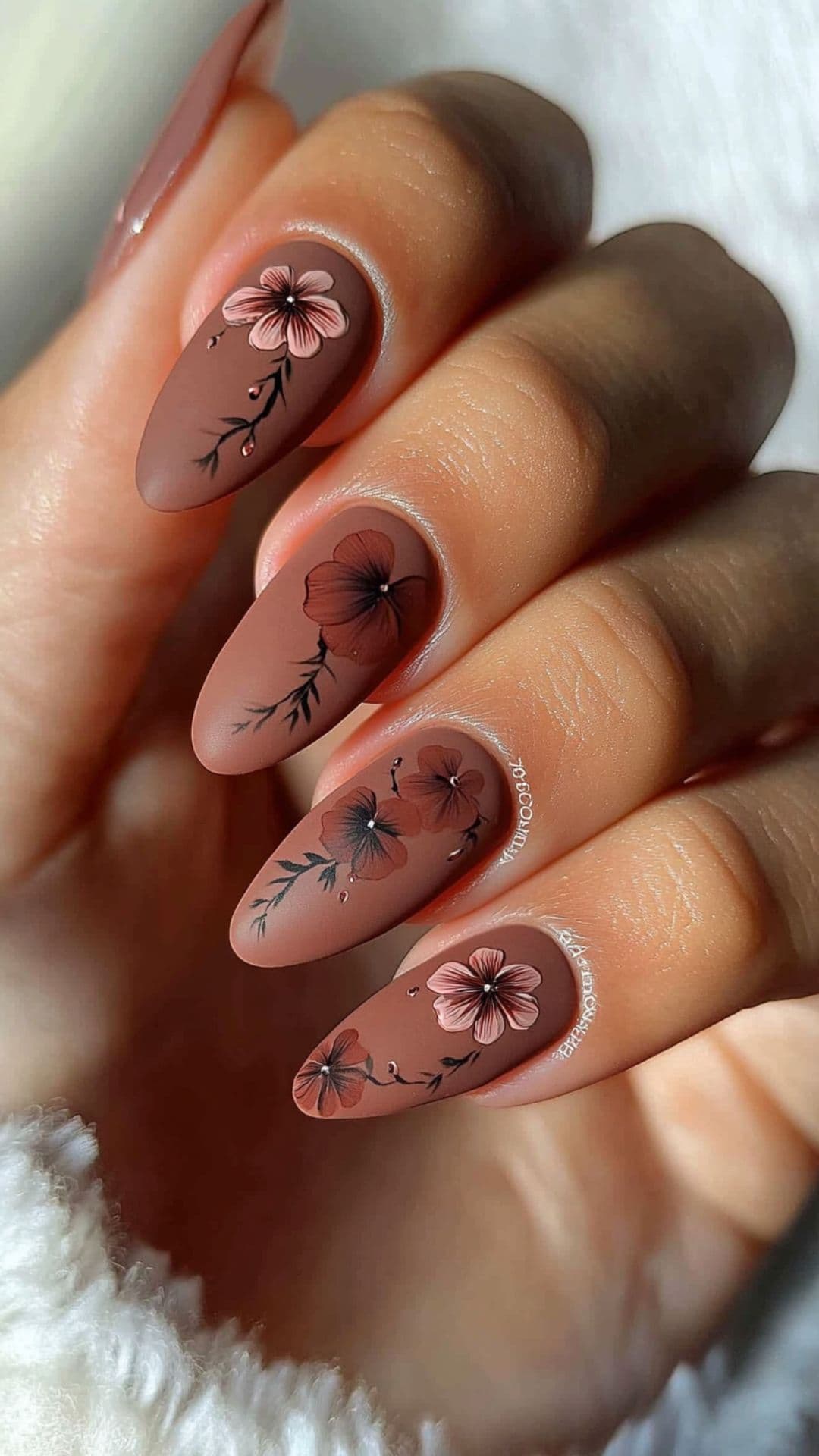 Woman's nails in Matte Chestnut Brown with Floral Art.